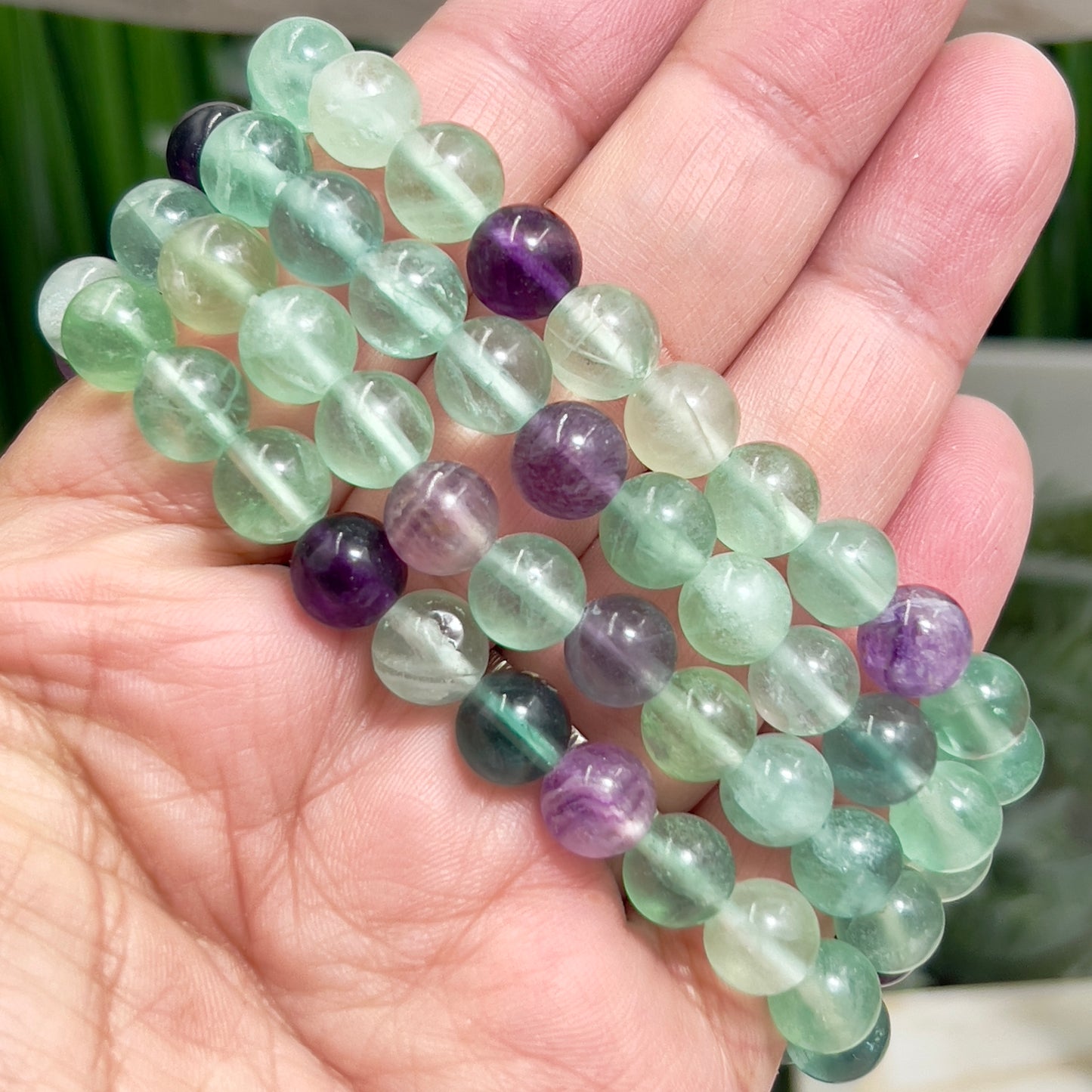 Fluorite Purple Green Crystals Bracelets Wearable Gemstones Elastic 7-8mm Beads 16cm