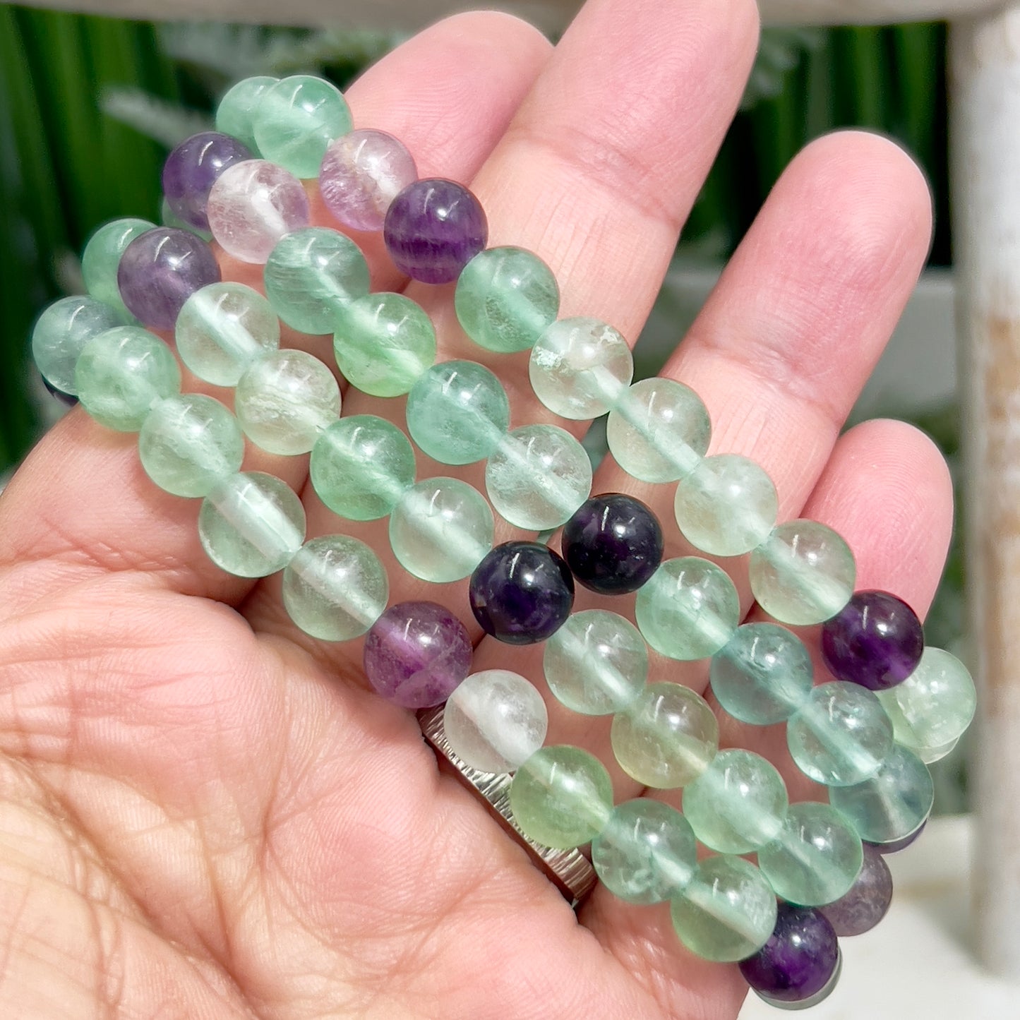 Fluorite Purple Green Crystals Bracelets Wearable Gemstones Elastic 7-8mm Beads 16cm