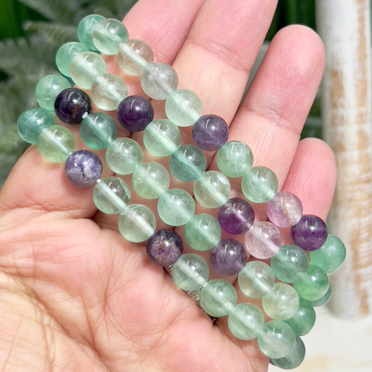 Fluorite Purple Green Crystals Bracelets Wearable Gemstones Elastic 7-8mm Beads 16cm