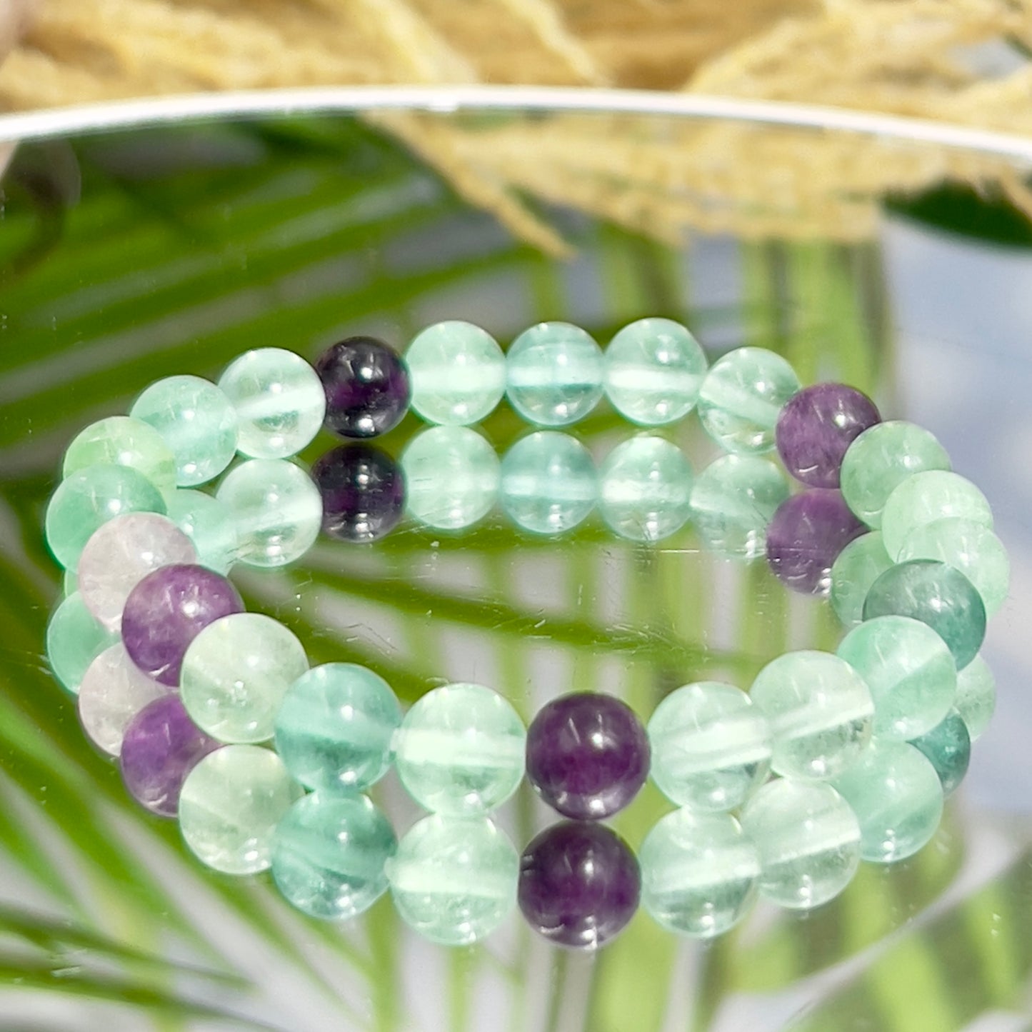 Fluorite Purple Green Crystals Bracelets Wearable Gemstones Elastic 7-8mm Beads 16cm