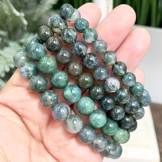 Moss Agate Crystals Bracelets Wearable Gemstones Elastic Various Beads Sizes