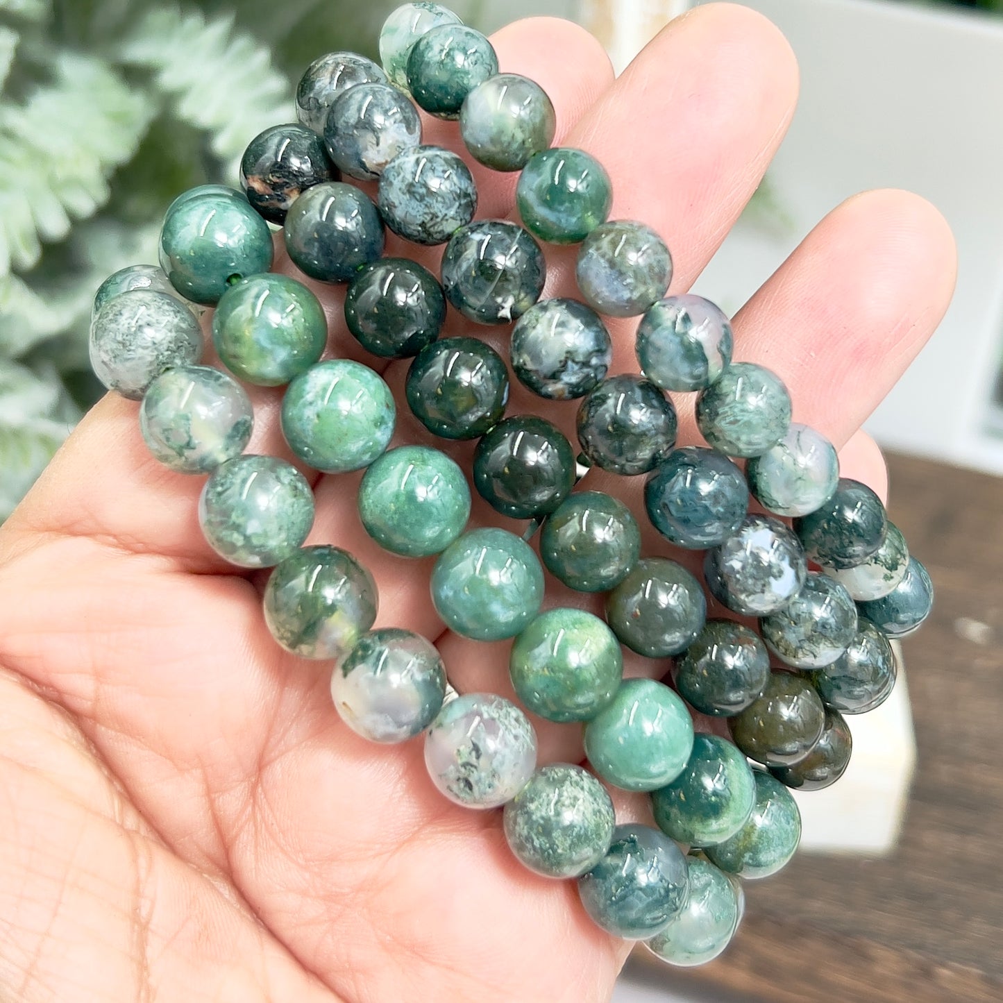 Moss Agate Crystals Bracelets Wearable Gemstones Elastic Various Beads Sizes