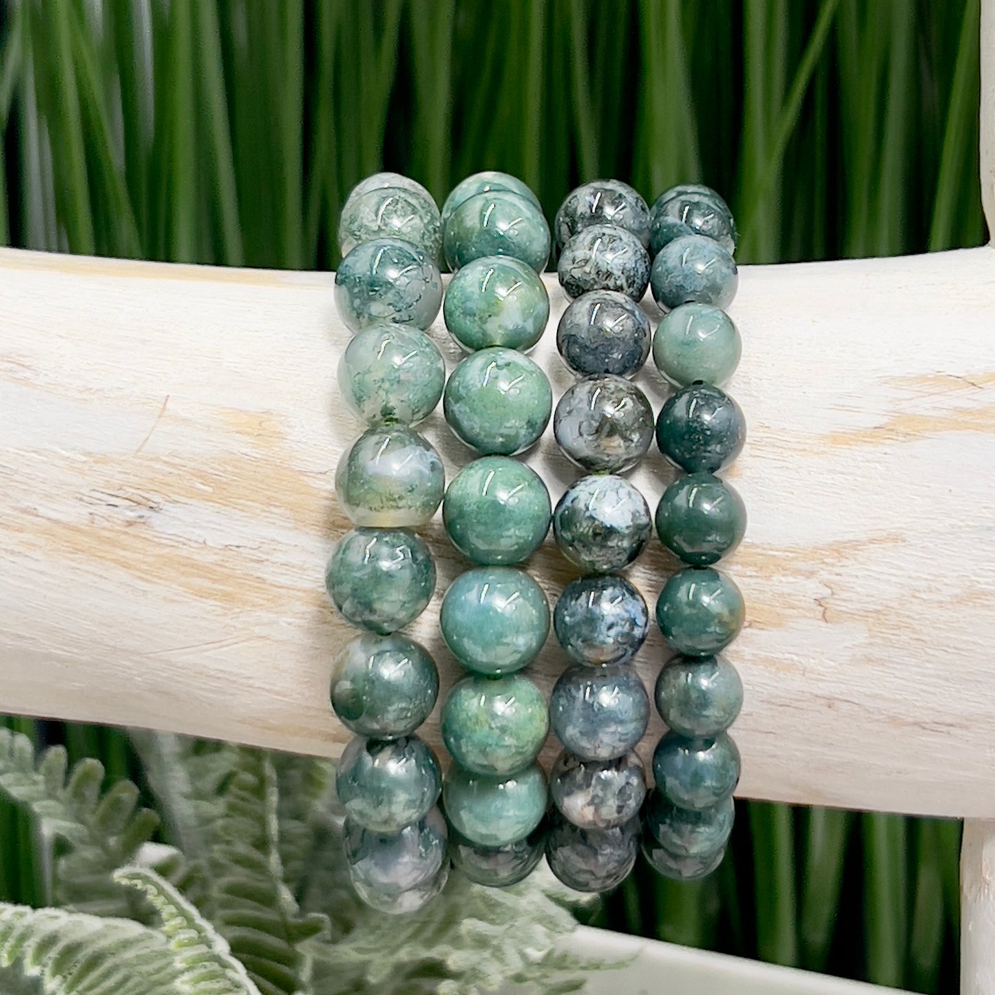 Moss Agate Crystals Bracelets Wearable Gemstones Elastic Various Beads Sizes