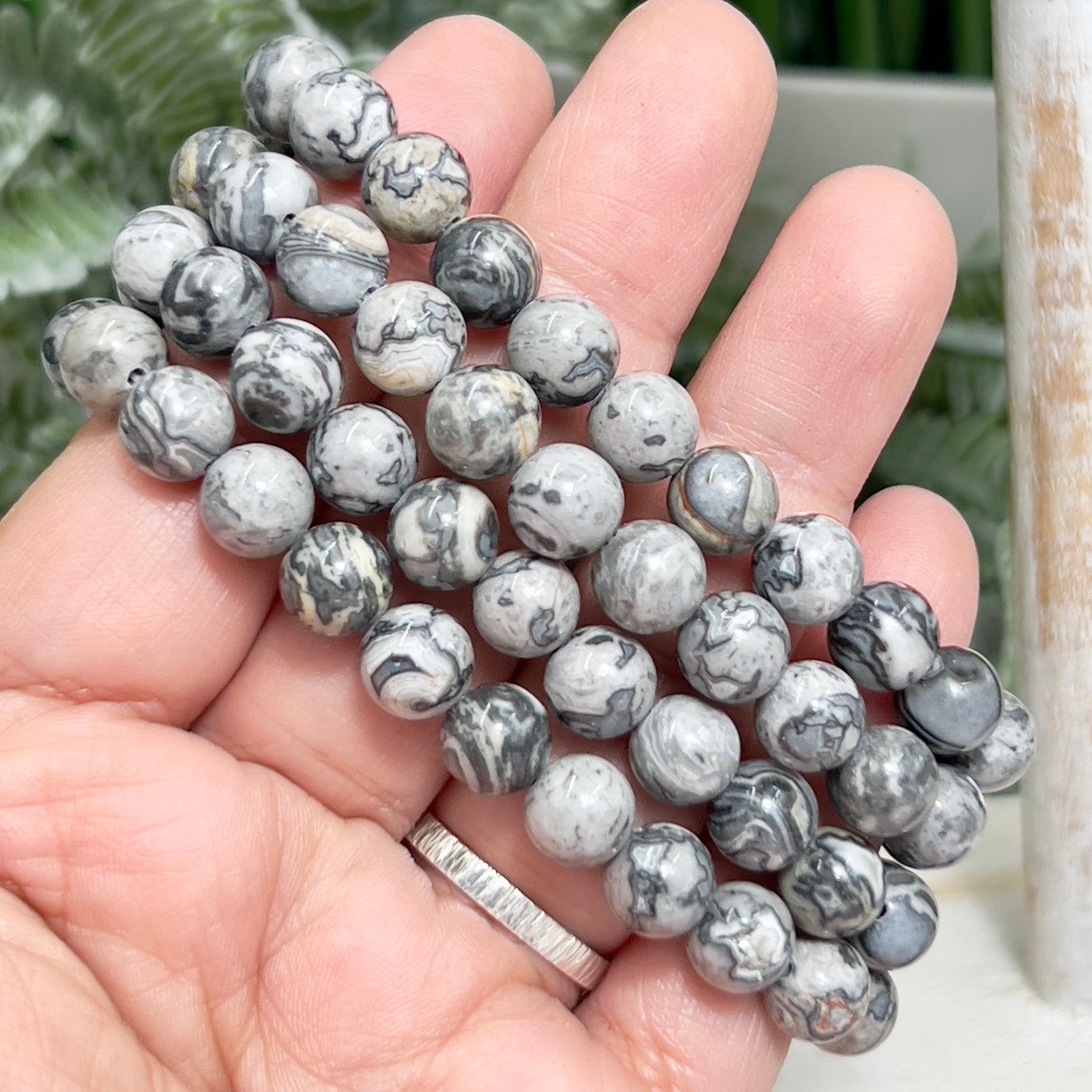 Picasso Jasper Stone Crystals Bracelets Wearable Gemstones Elastic 8mm Beads 15.5cm