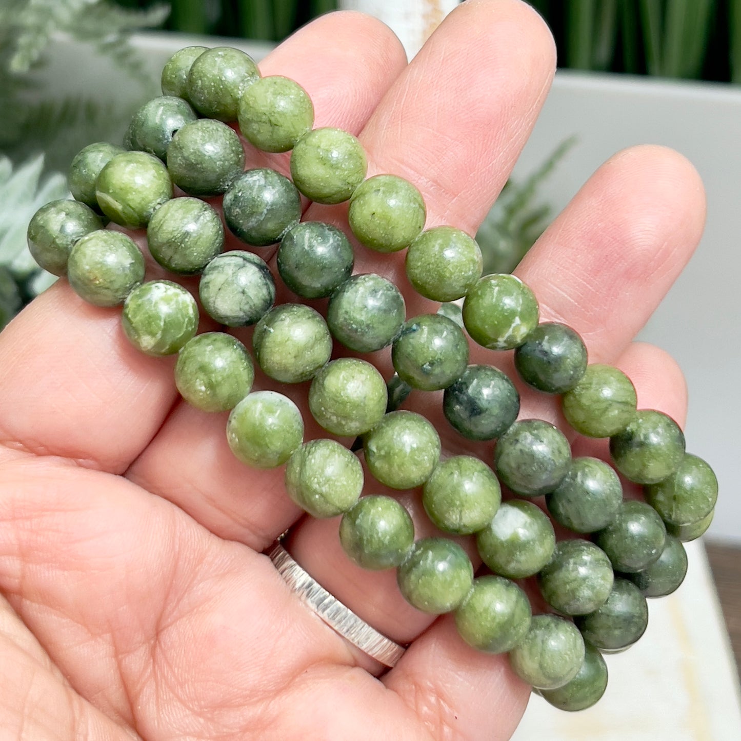 Green Jade Crystals Bracelets Wearable Gemstones Elastic 8mm Beads 15cm