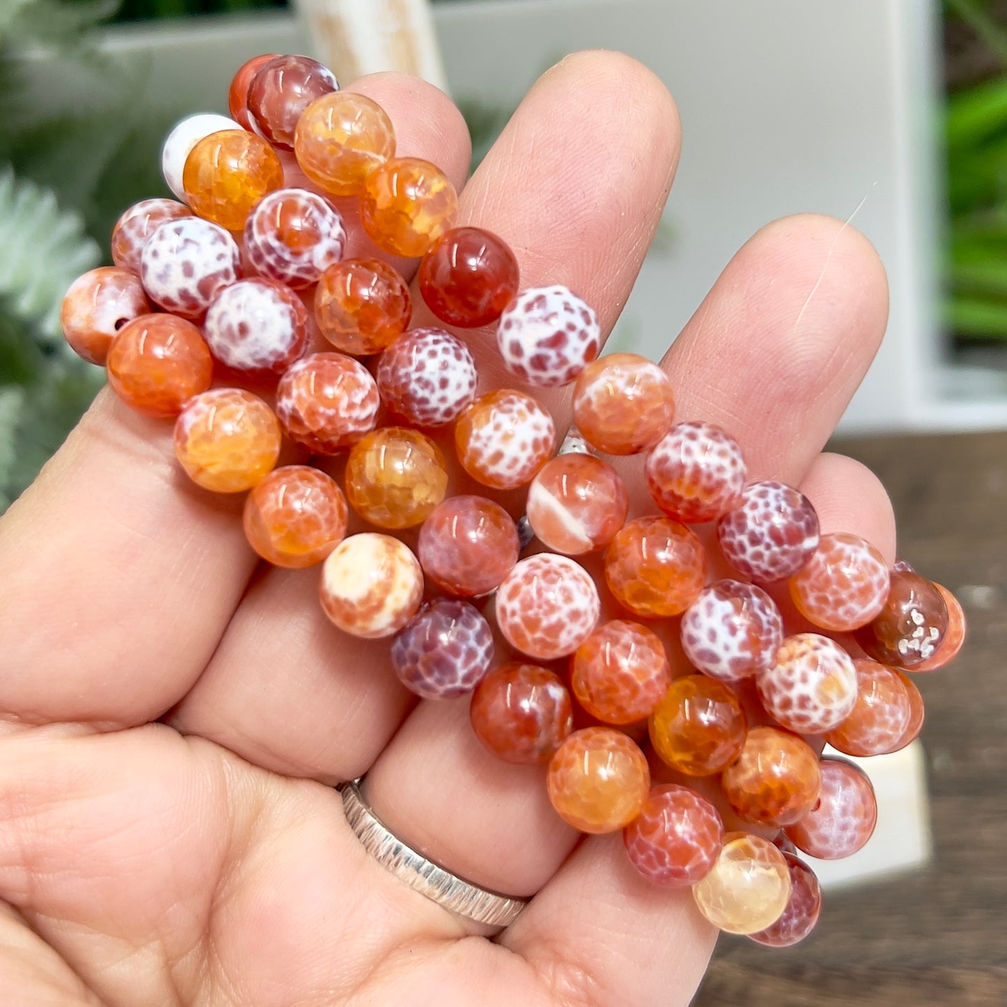 Snake Skin Agate Crystals Bracelets Wearable Gemstones Elastic 7-8mm Beads 15cm