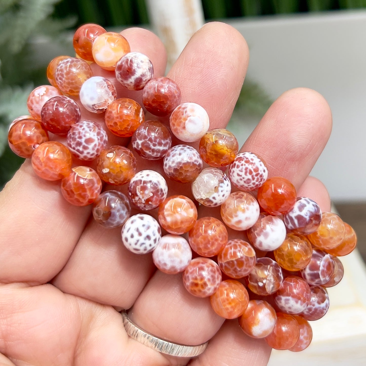 Snake Skin Agate Crystals Bracelets Wearable Gemstones Elastic 7-8mm Beads 15cm