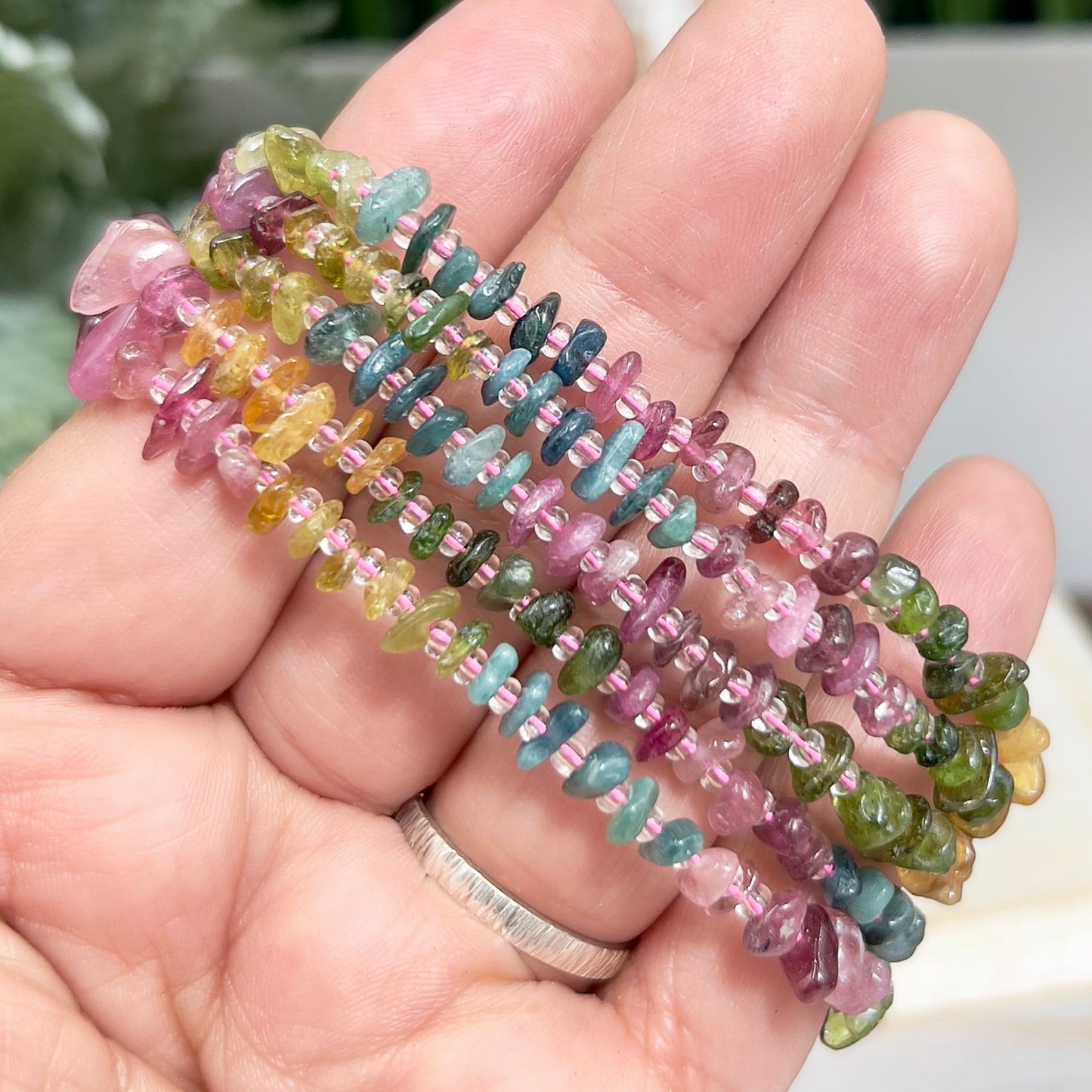 Tourmaline Pink Green Yellow Blue Chips Crystals Bracelets Wearable Gemstones Elastic