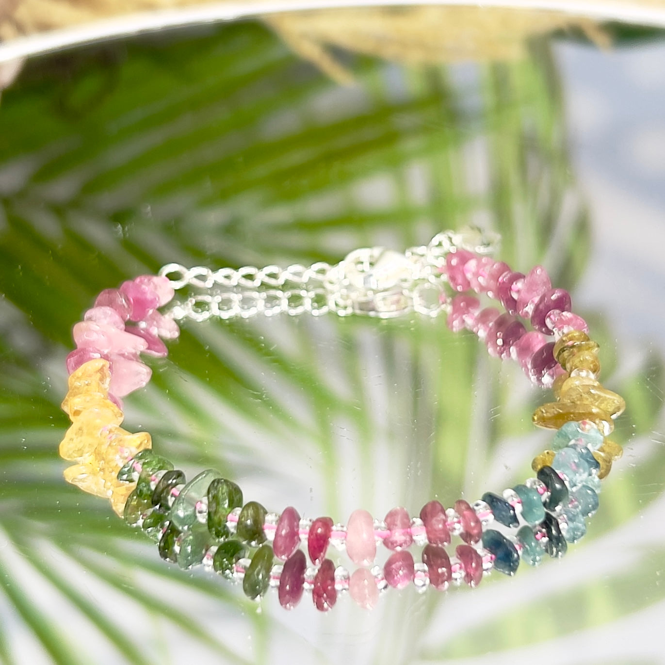 Tourmaline Pink Green Yellow Blue Chips Crystals Bracelets Wearable Gemstones Elastic