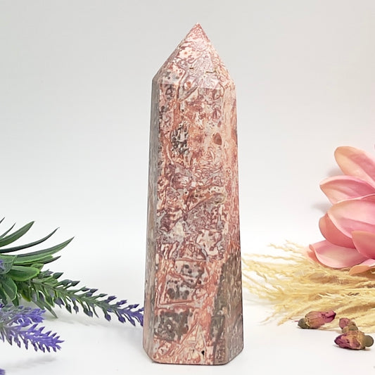 Red Leopardskin Jasper Tower Point Healing Crystal Generators 472g 162mm