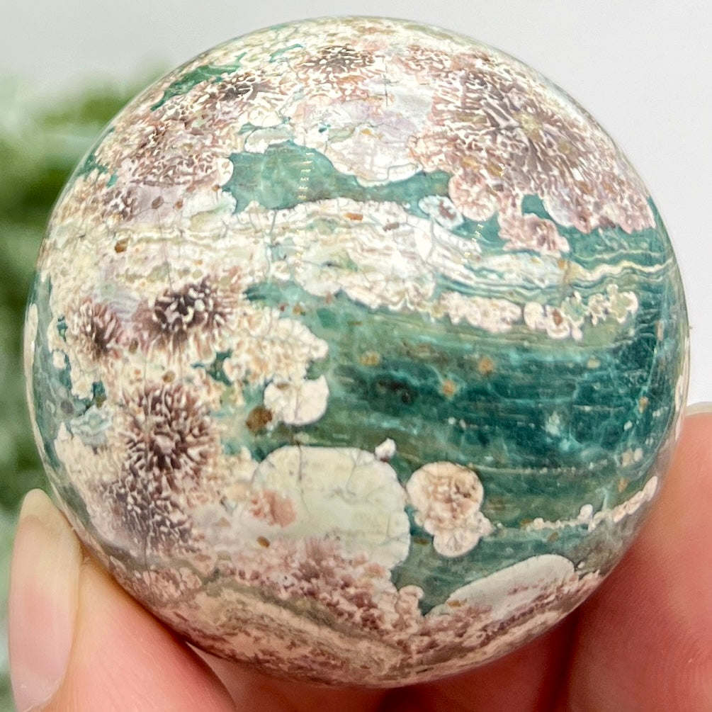 Russian Flower Cherry Blossom Jasper Sphere Rare Crystal Ball 146g 48mm