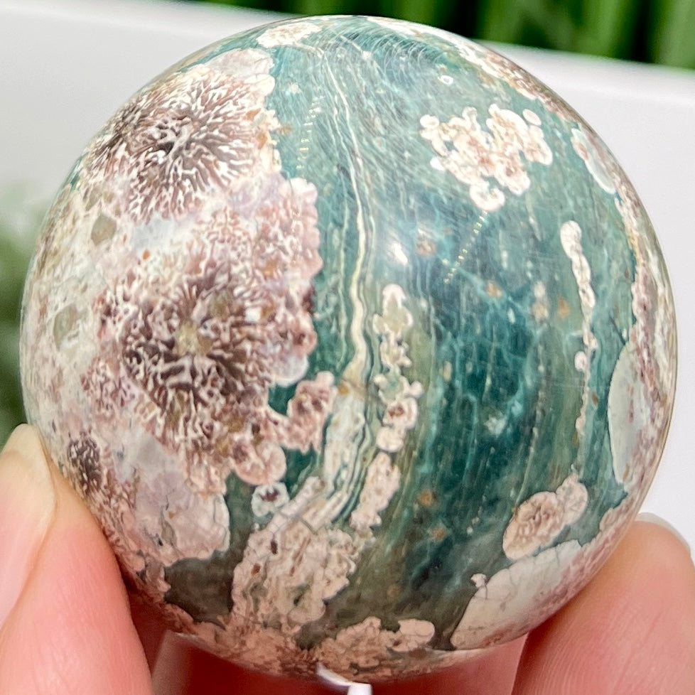 Russian Flower Cherry Blossom Jasper Sphere Rare Crystal Ball 146g 48mm