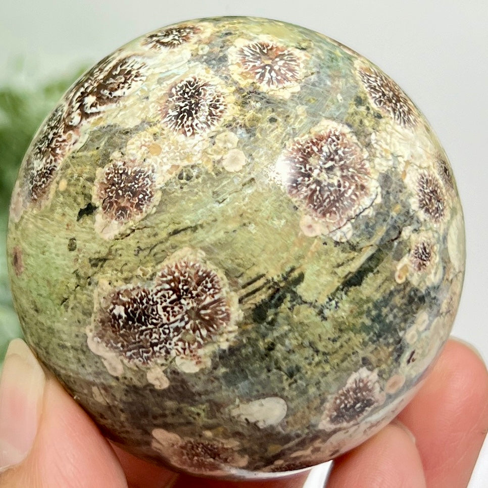 Russian Flower Cherry Blossom Jasper Sphere Rare Crystal Ball 258g 59mm