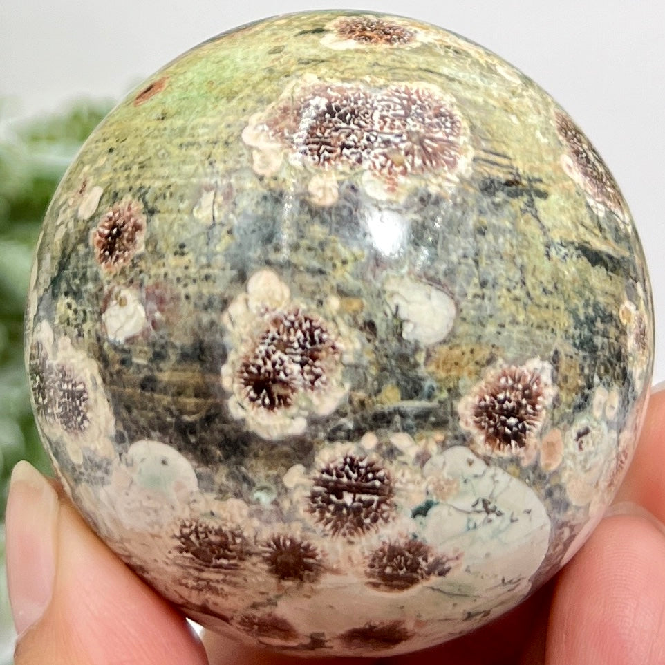 Russian Flower Cherry Blossom Jasper Sphere Rare Crystal Ball 258g 59mm