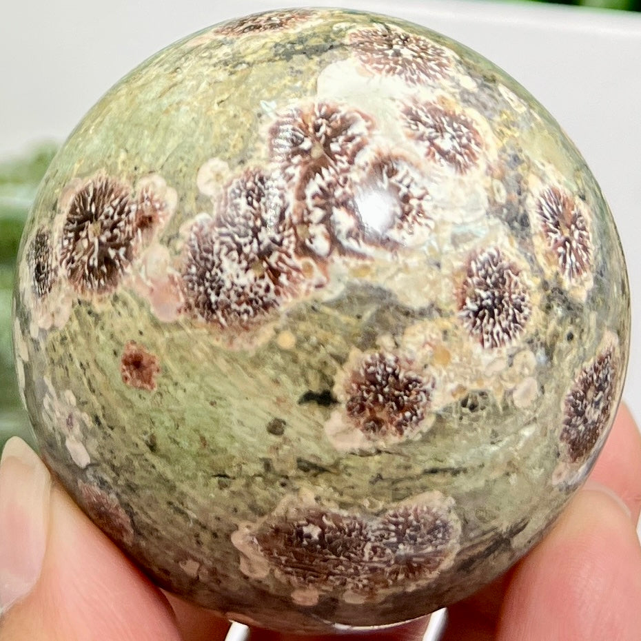 Russian Flower Cherry Blossom Jasper Sphere Rare Crystal Ball 258g 59mm