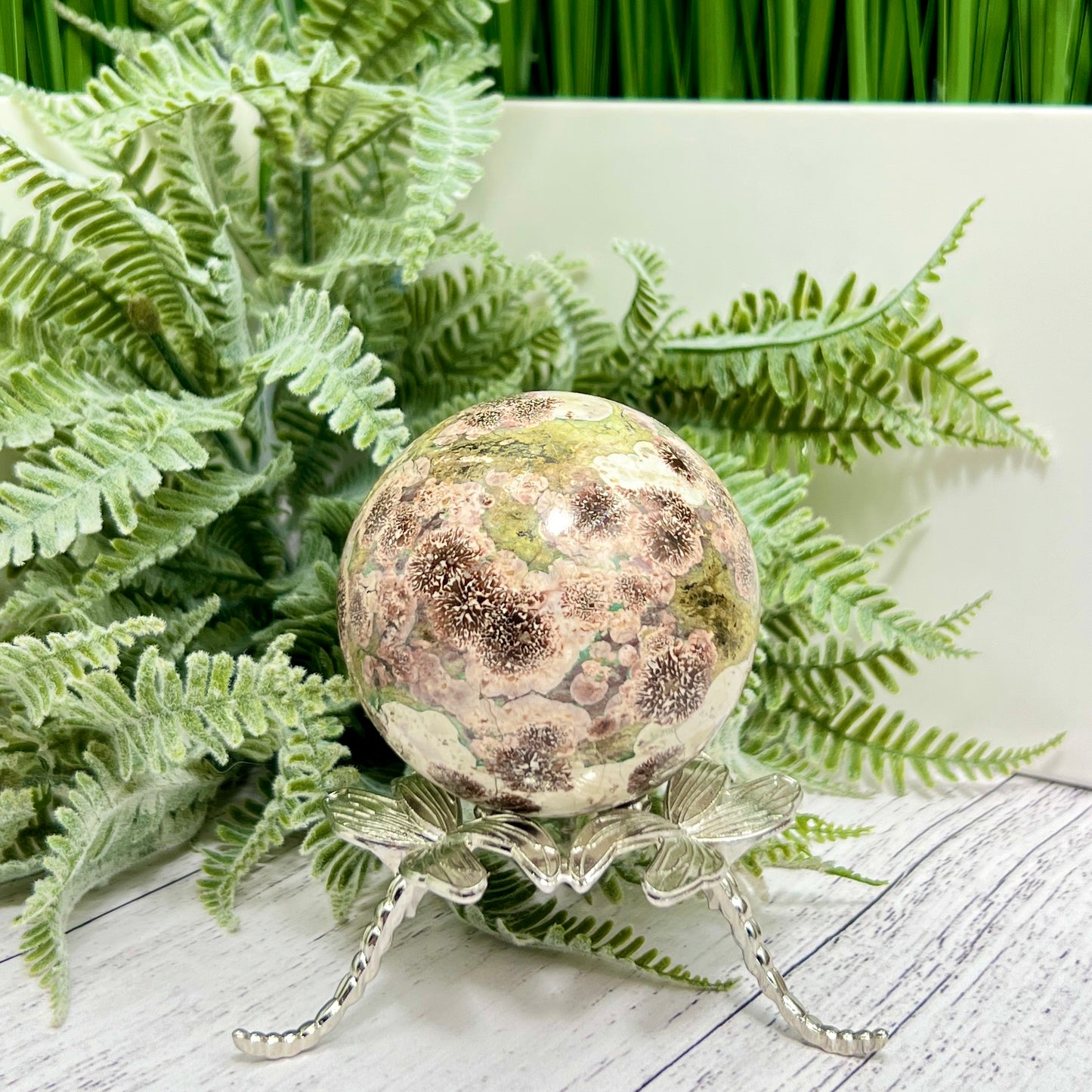 Russian Flower Cherry Blossom Jasper Sphere Rare Crystal Ball 380g 66mm