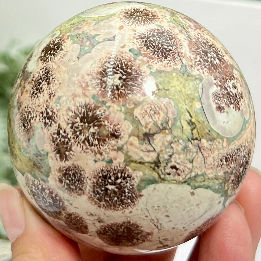 Russian Flower Cherry Blossom Jasper Sphere Rare Crystal Ball 380g 66mm