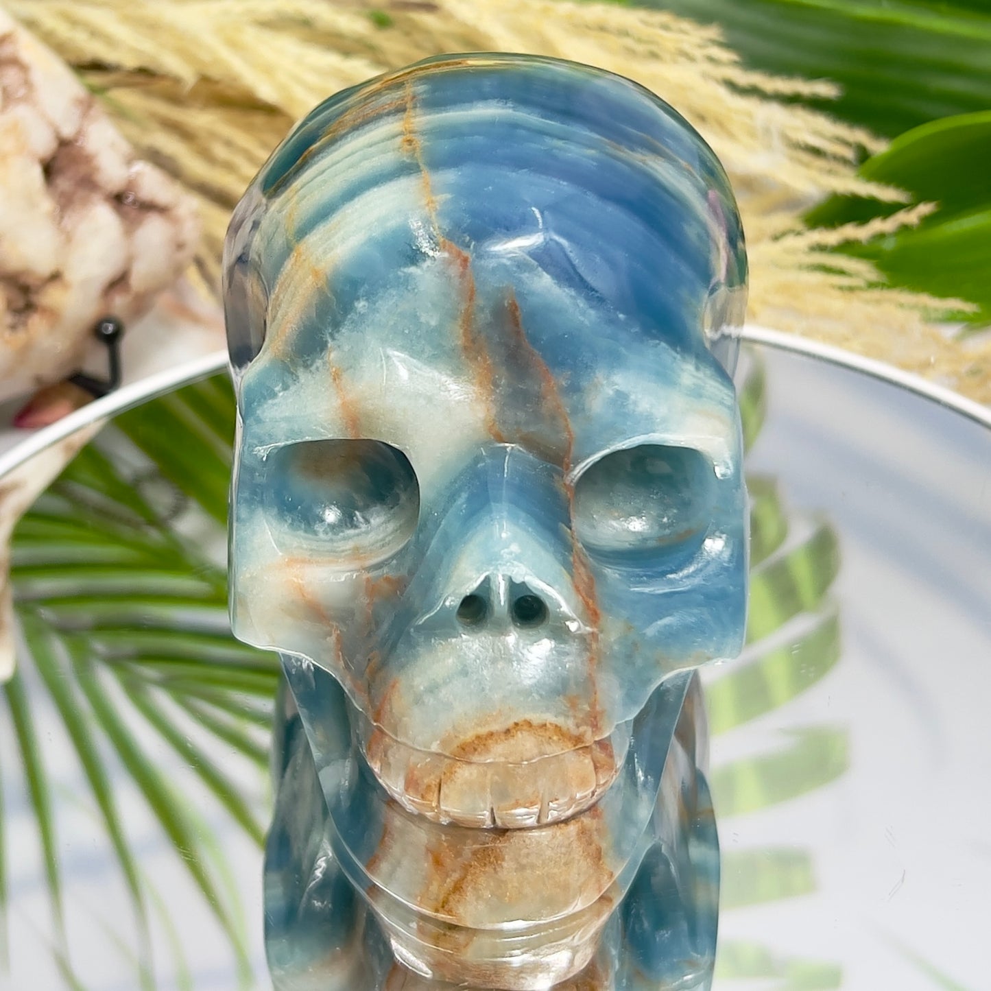 Blue Onyx Hollow Jaw Skull Healing Crystal Carving 1110g