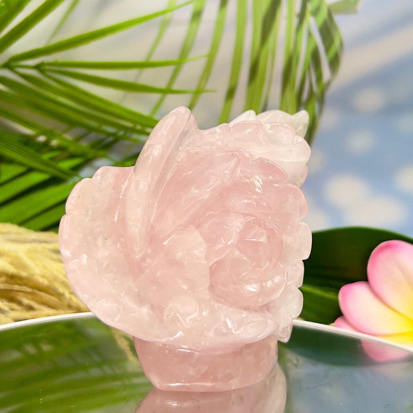 Rose Quartz Peony Flower Healing Crystal Carving 542g