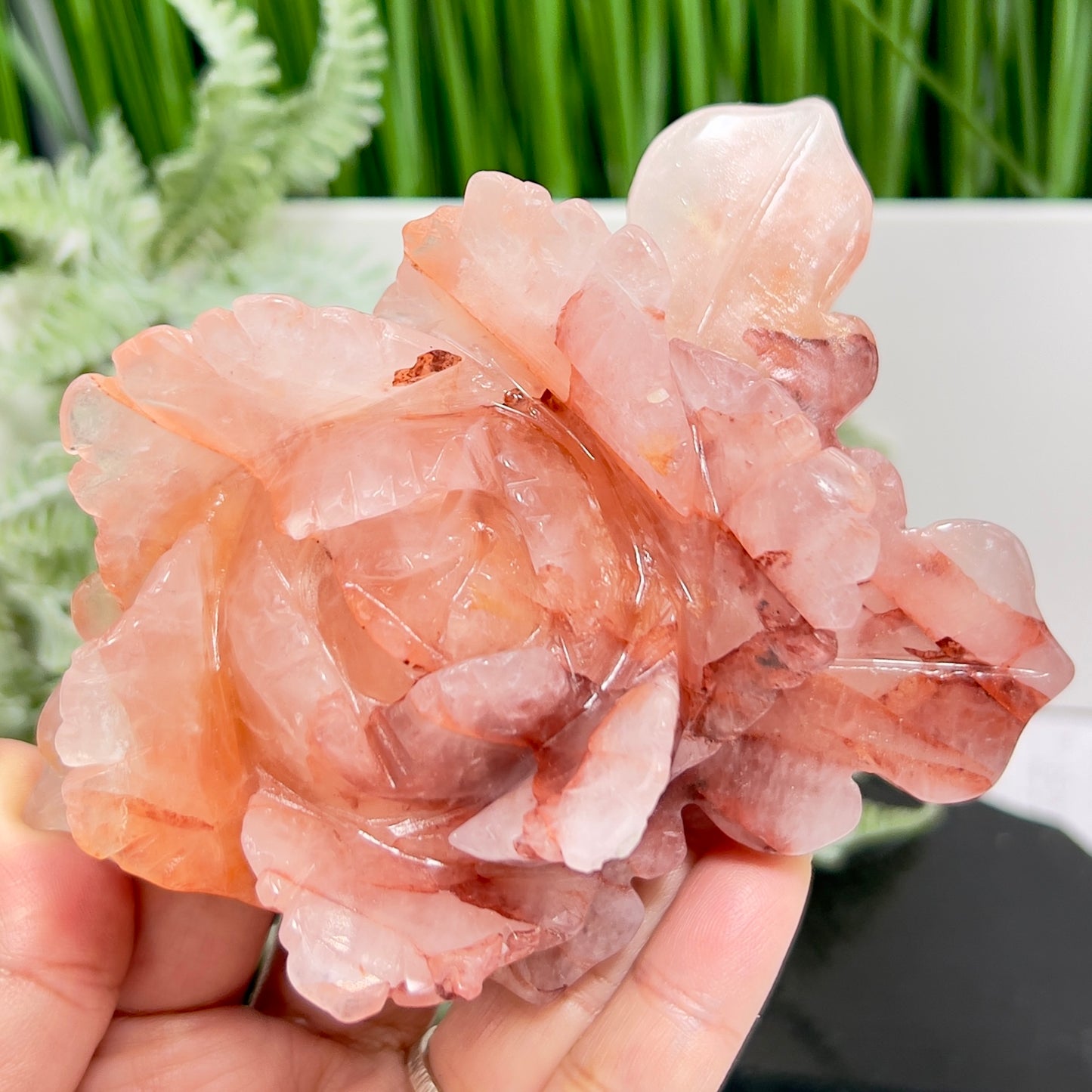 Hematoid Ferruginous Fire Quartz Lotus Flower Healing Crystal Carving 398g