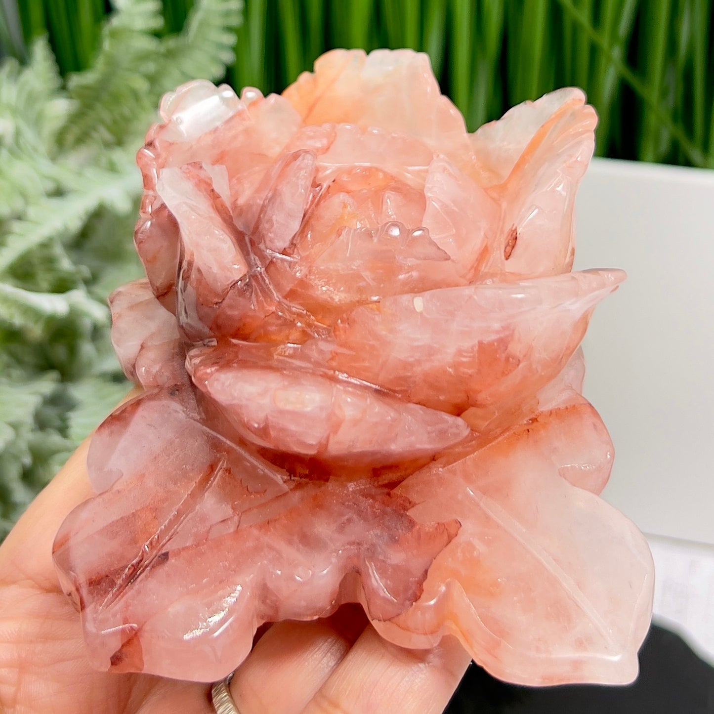 Hematoid Ferruginous Fire Quartz Lotus Flower Healing Crystal Carving 398g