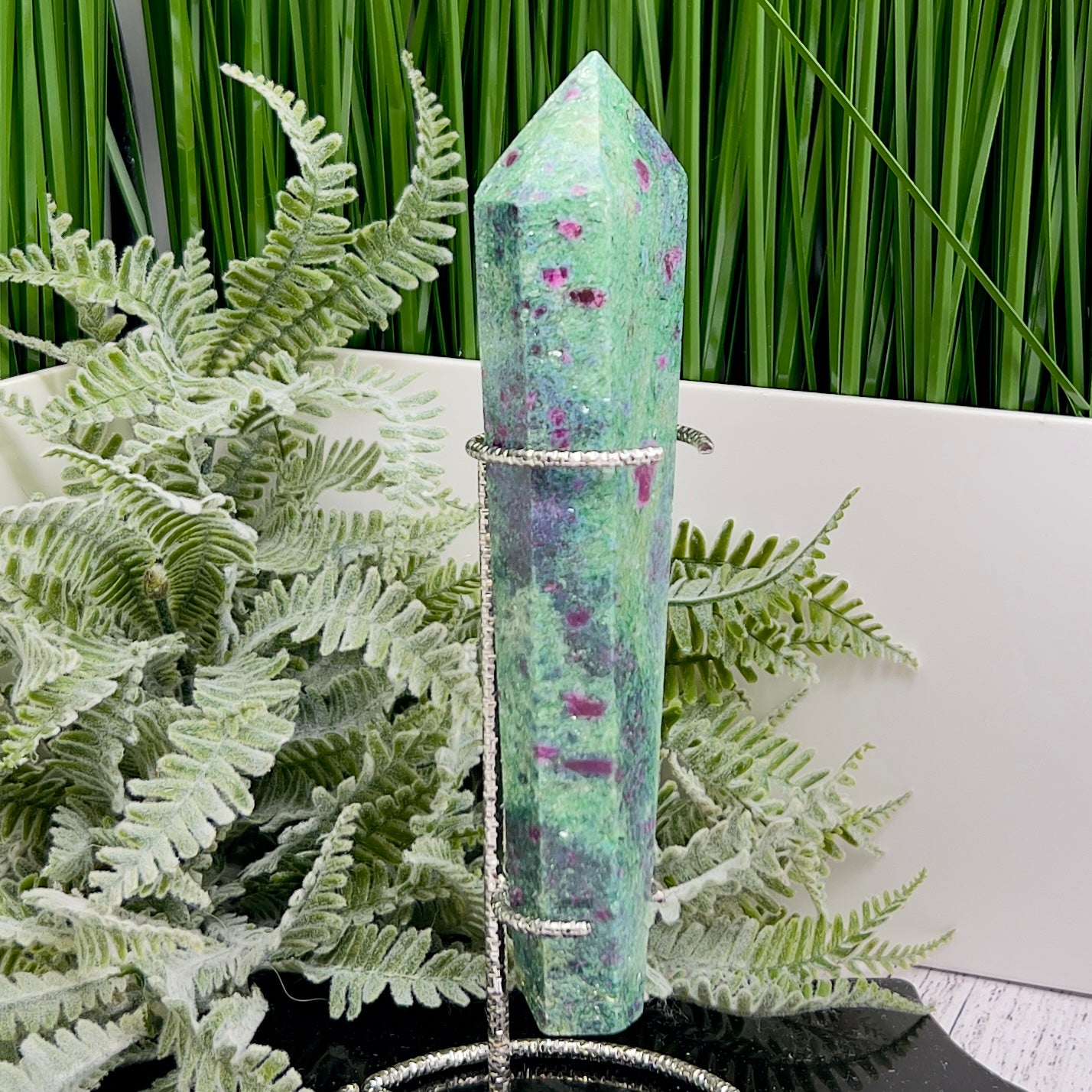 Ruby in Fuchsite UV Reactive Crystal Wand in Stand Generator 282g 170mm