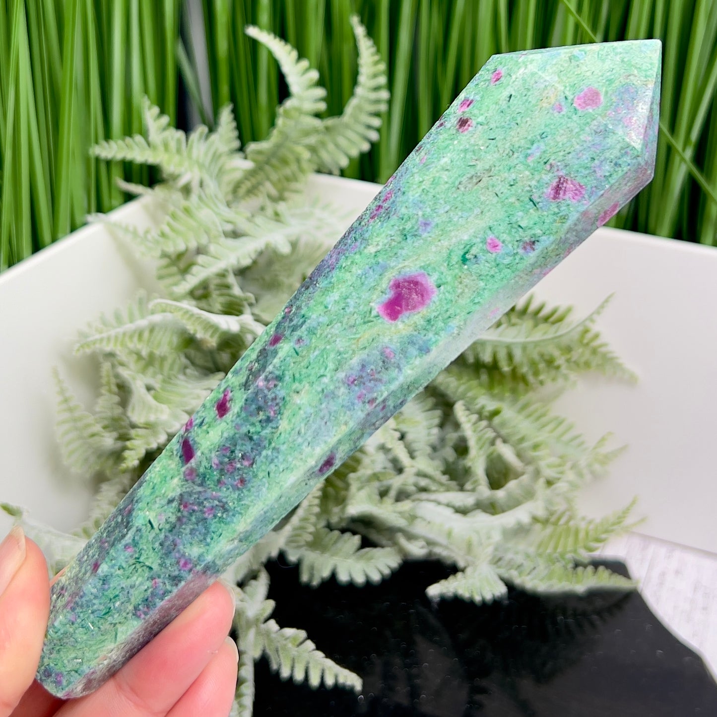 Ruby in Fuchsite UV Reactive Crystal Wand in Stand Generator 282g 170mm