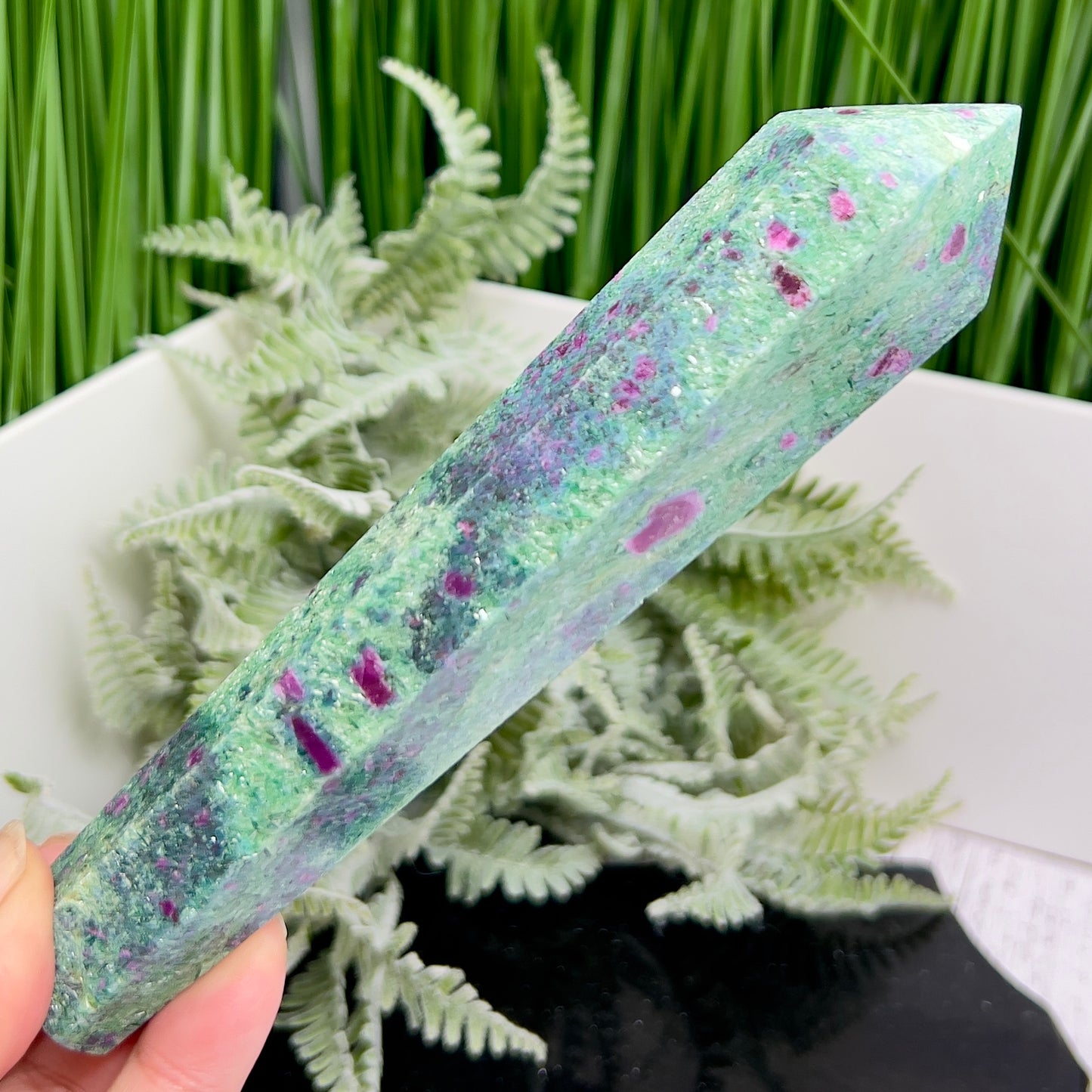 Ruby in Fuchsite UV Reactive Crystal Wand in Stand Generator 282g 170mm