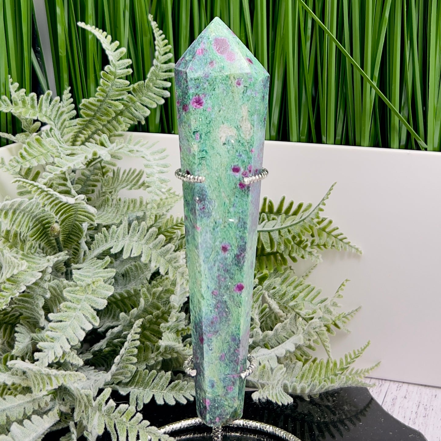 Ruby in Fuchsite UV Reactive Crystal Wand in Stand Generator 282g 170mm