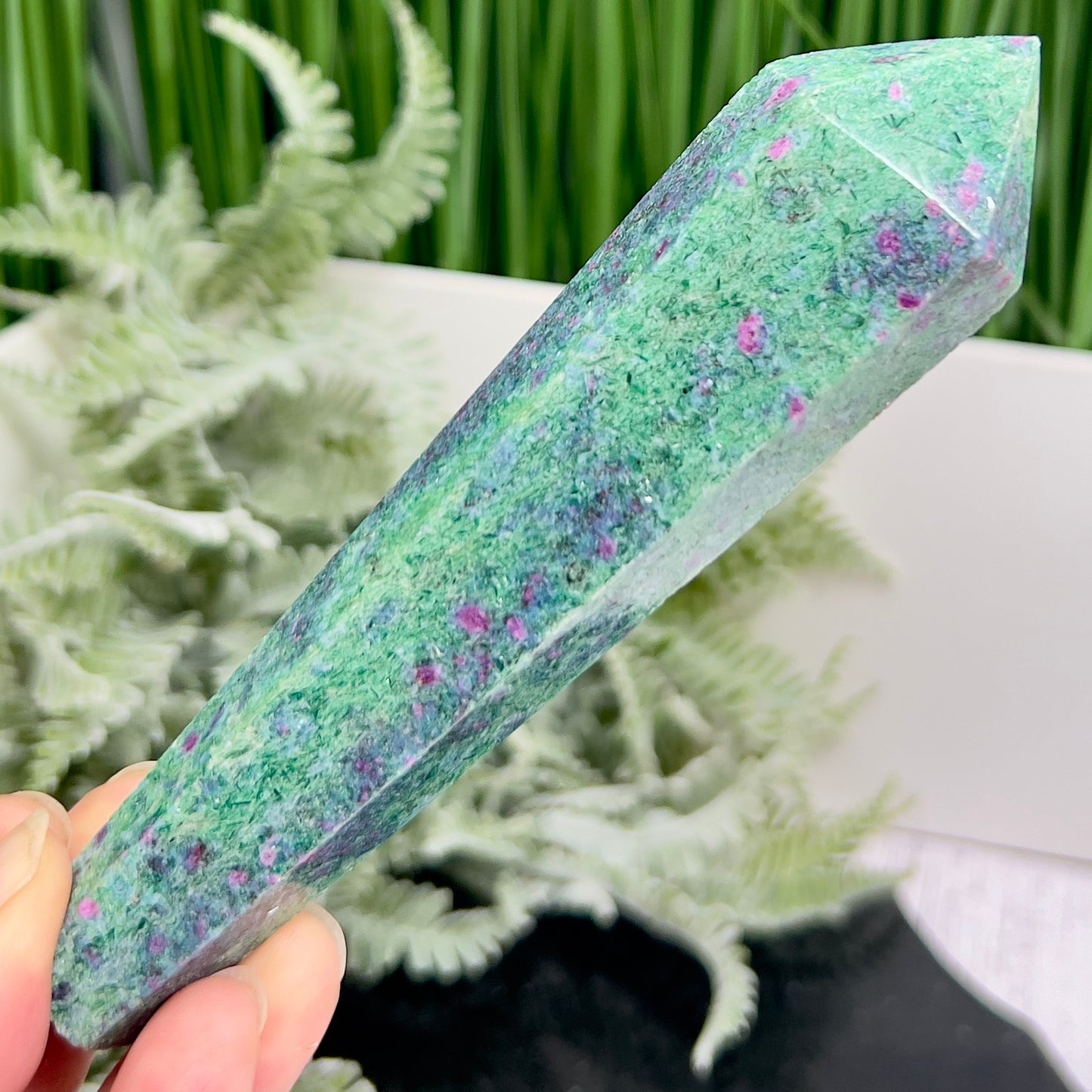 Ruby in Fuchsite UV Reactive Crystal Wand in Stand Generator 206g 138mm