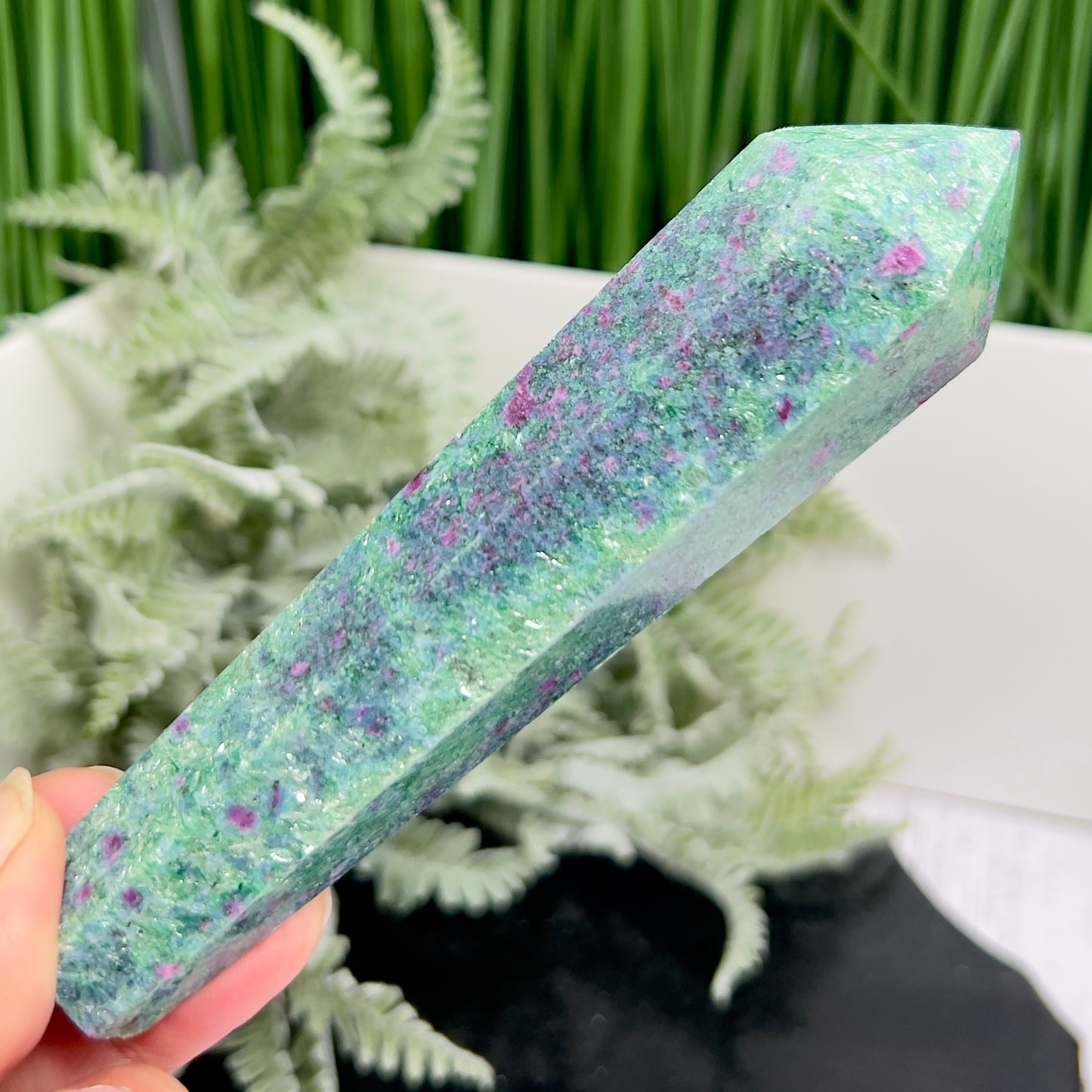 Ruby in Fuchsite UV Reactive Crystal Wand in Stand Generator 206g 138mm