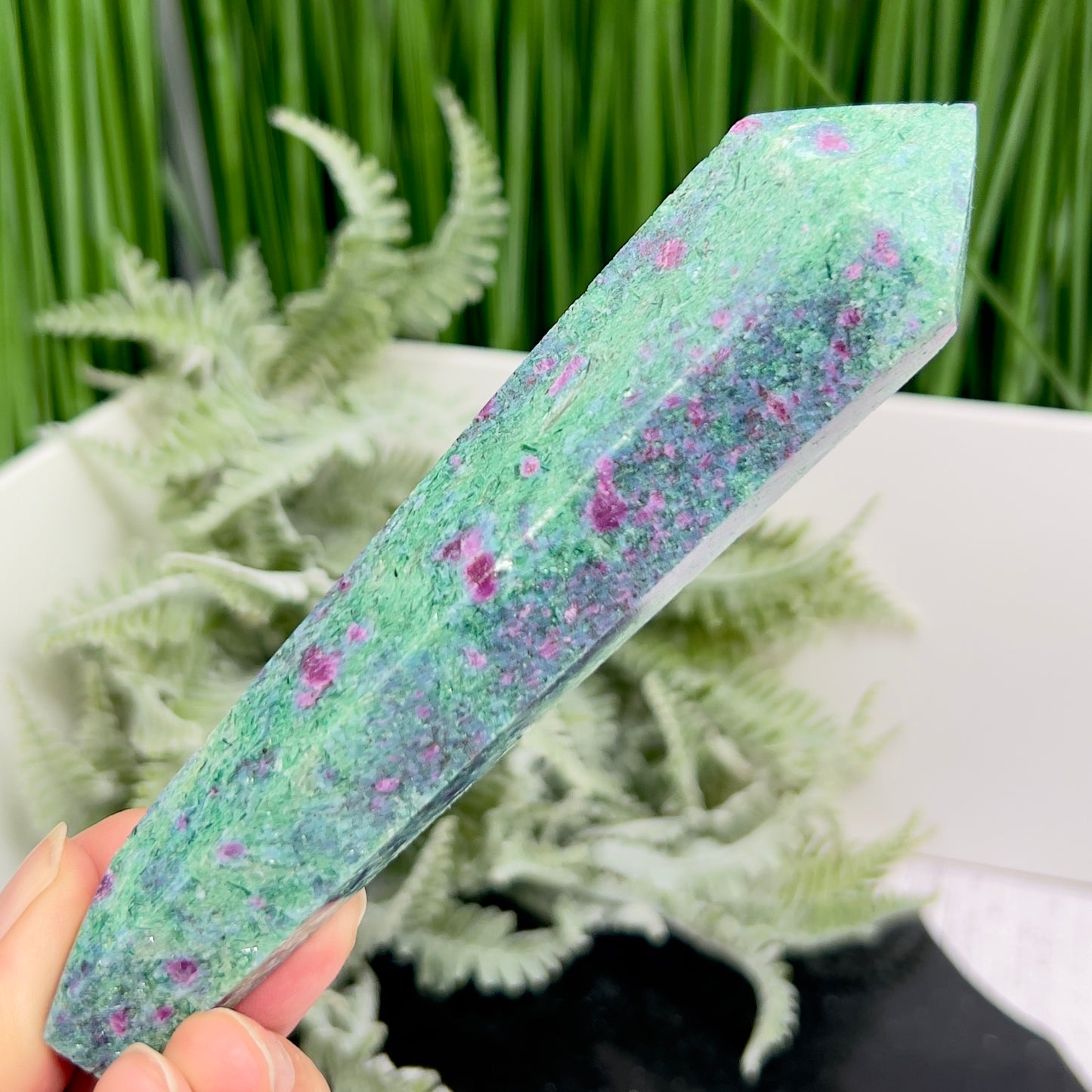 Ruby in Fuchsite UV Reactive Crystal Wand in Stand Generator 206g 138mm