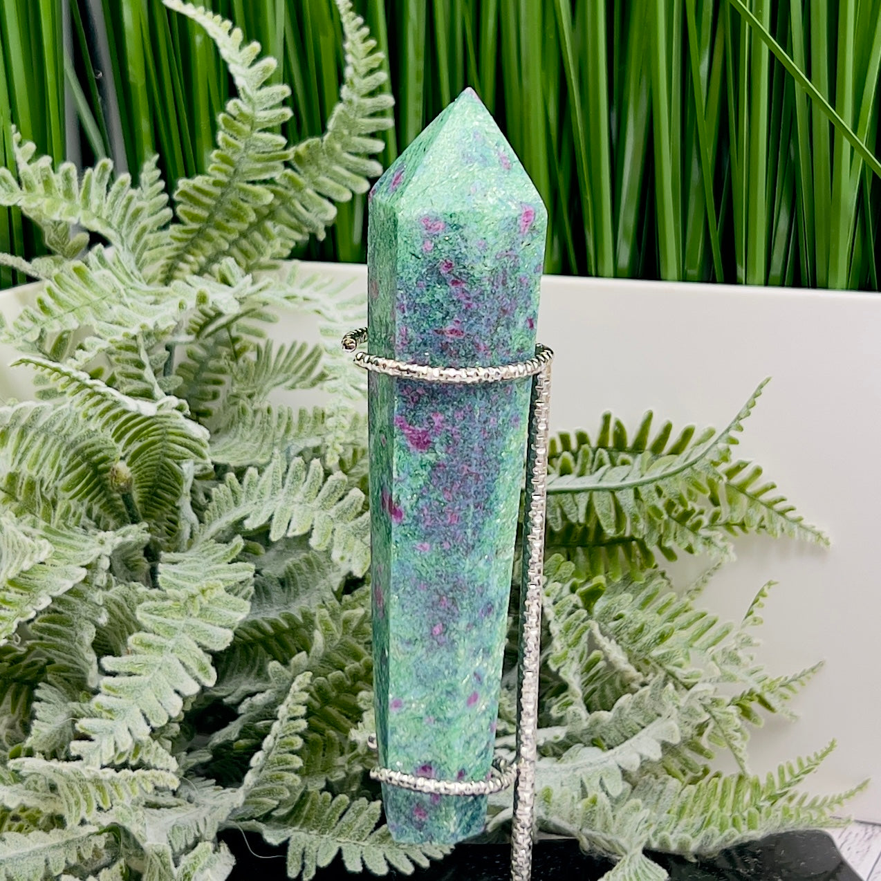 Ruby in Fuchsite UV Reactive Crystal Wand in Stand Generator 206g 138mm