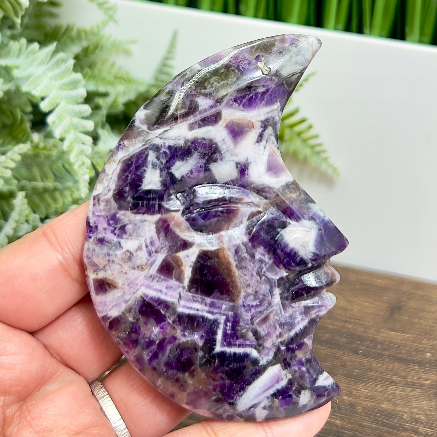 Chevron Dream Amethyst Moon Face Crescent Healing Crystal Carving 104g