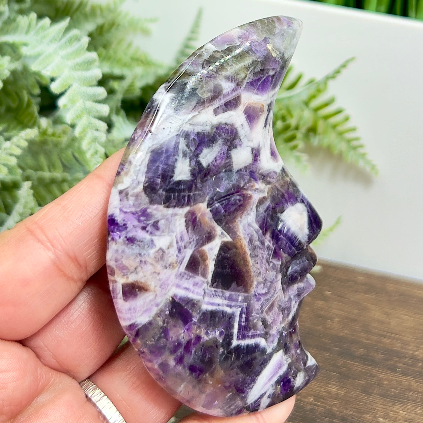 Chevron Dream Amethyst Moon Face Crescent Healing Crystal Carving 104g