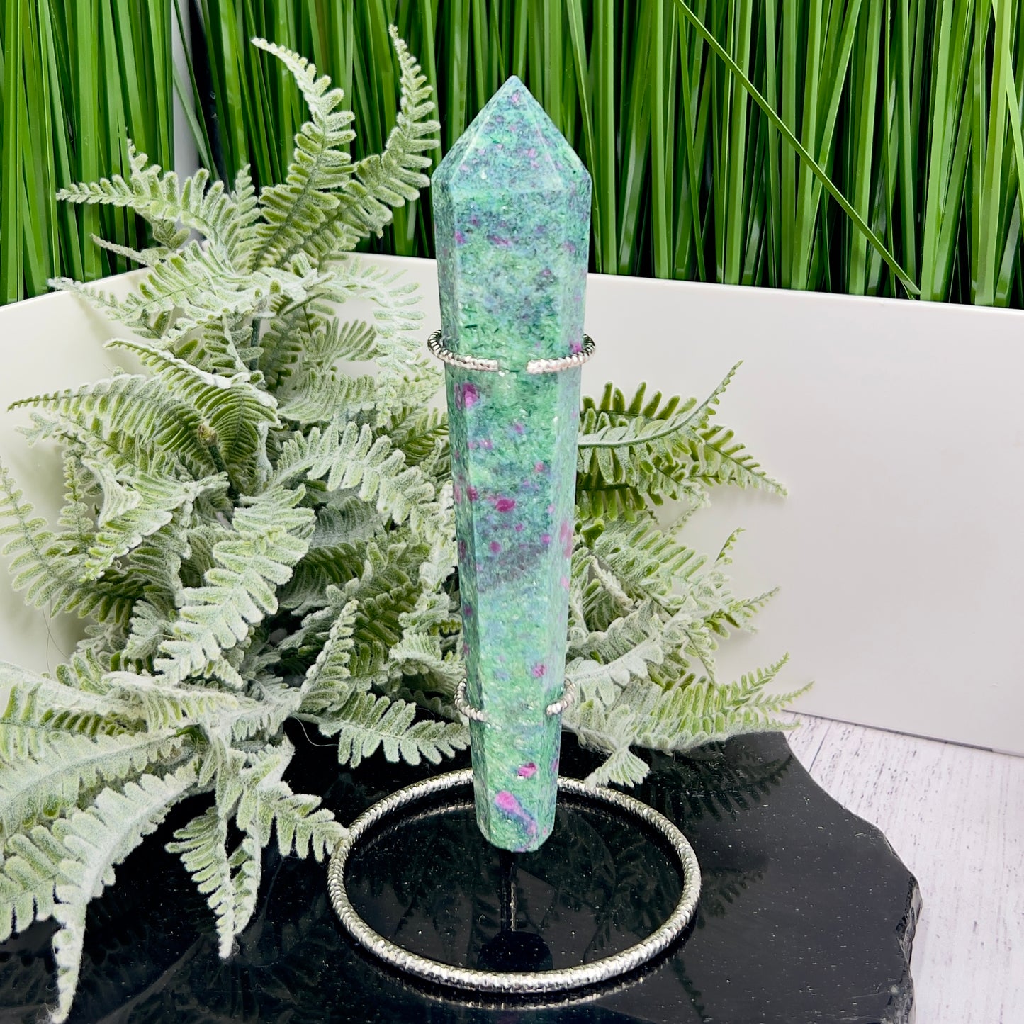 Ruby in Fuchsite UV Reactive Crystal Wand in Stand Generator 246g 171mm