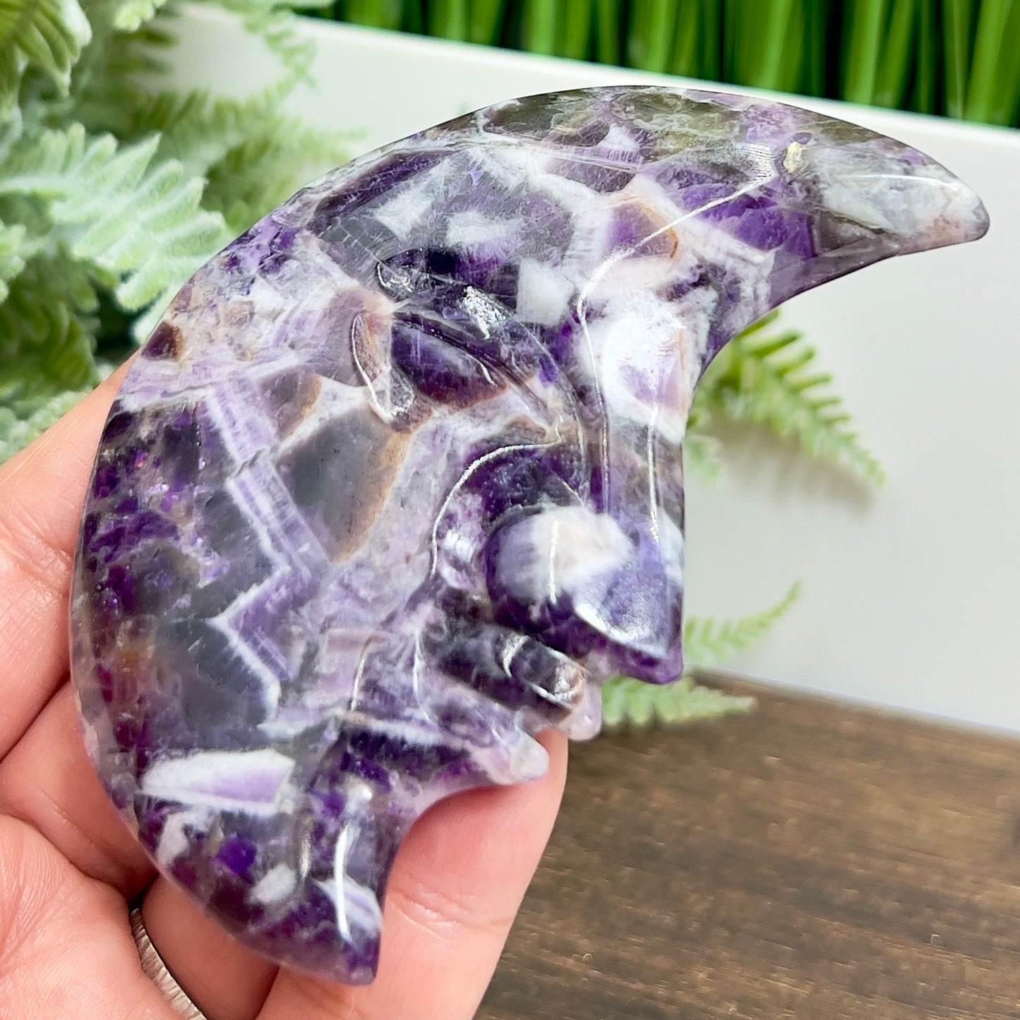 Chevron Dream Amethyst Moon Face Crescent Healing Crystal Carving 104g