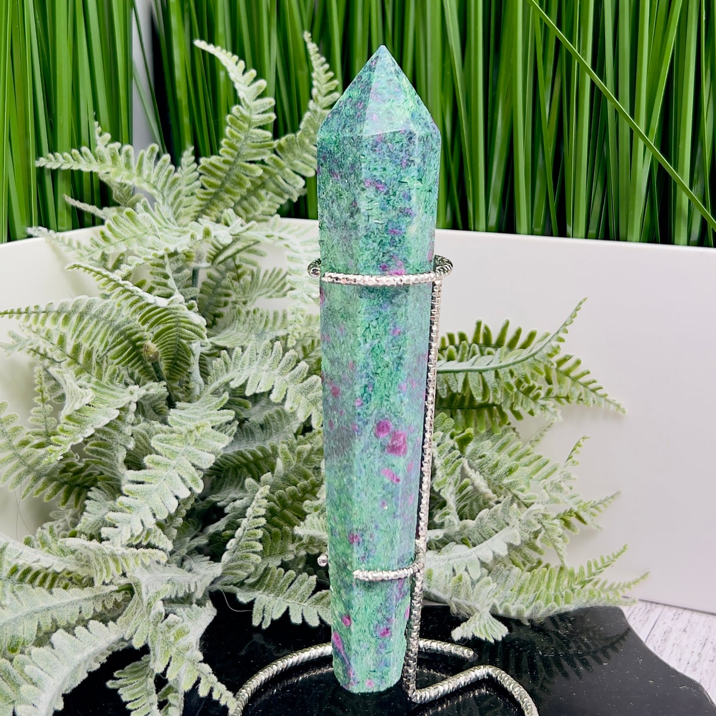 Ruby in Fuchsite UV Reactive Crystal Wand in Stand Generator 246g 171mm