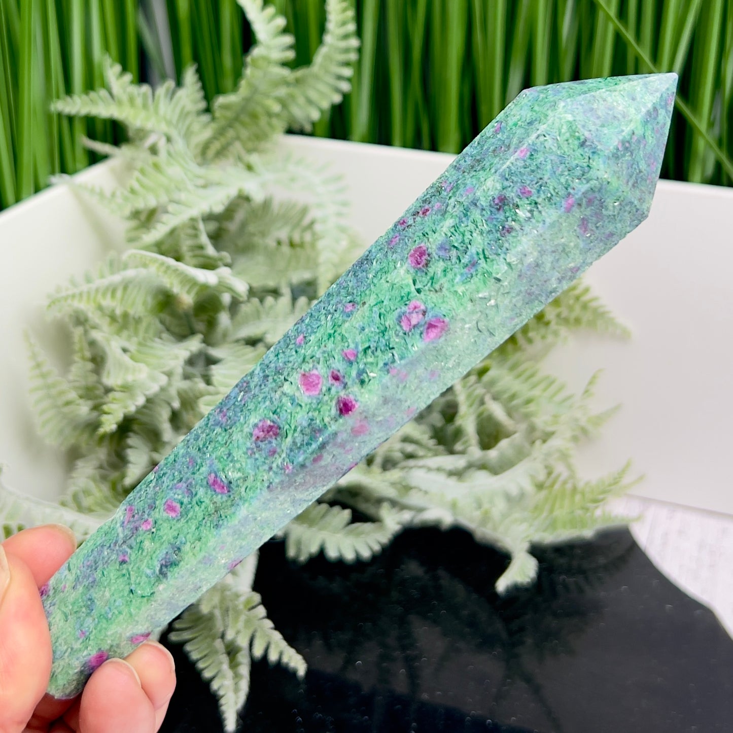 Ruby in Fuchsite UV Reactive Crystal Wand in Stand Generator 246g 171mm