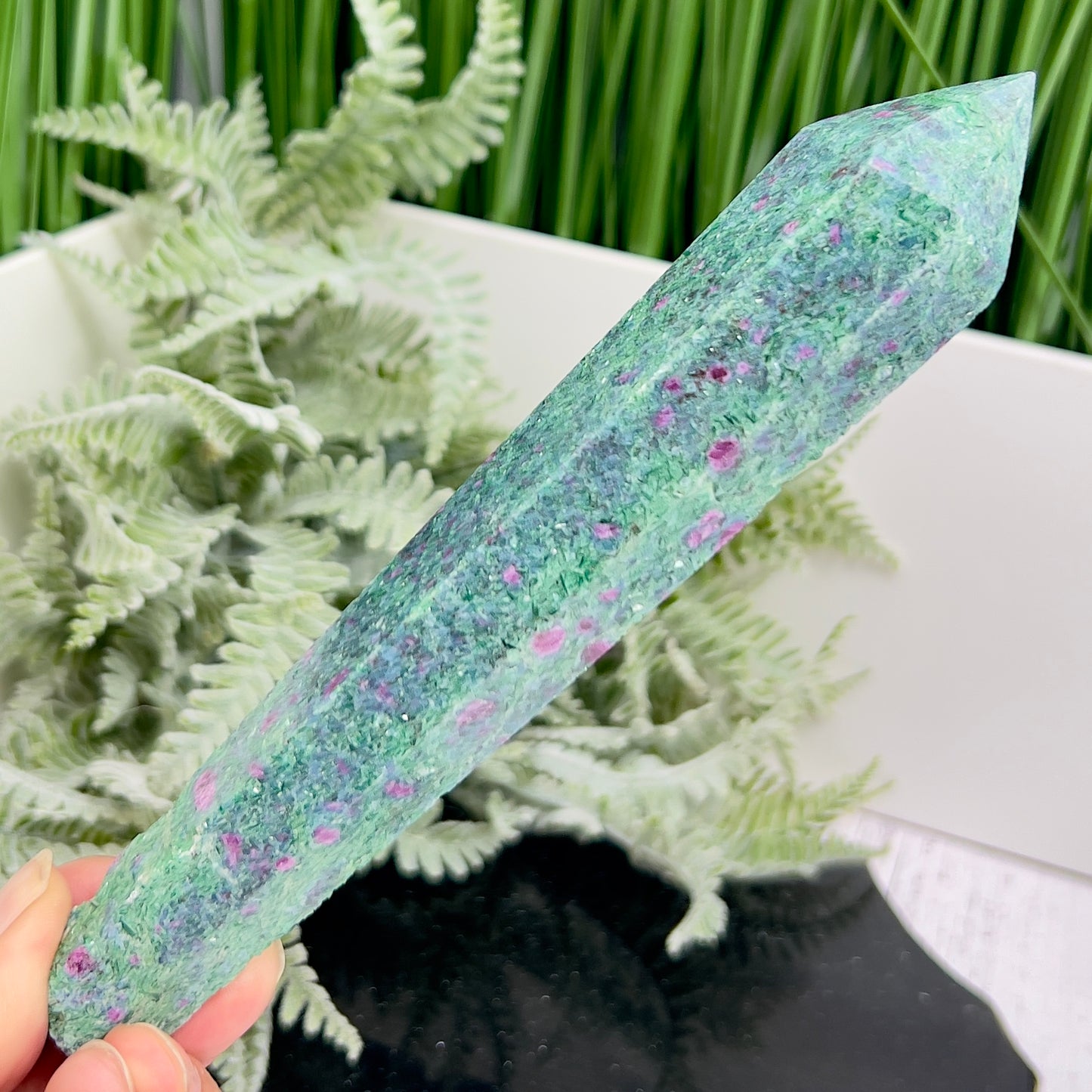 Ruby in Fuchsite UV Reactive Crystal Wand in Stand Generator 246g 171mm