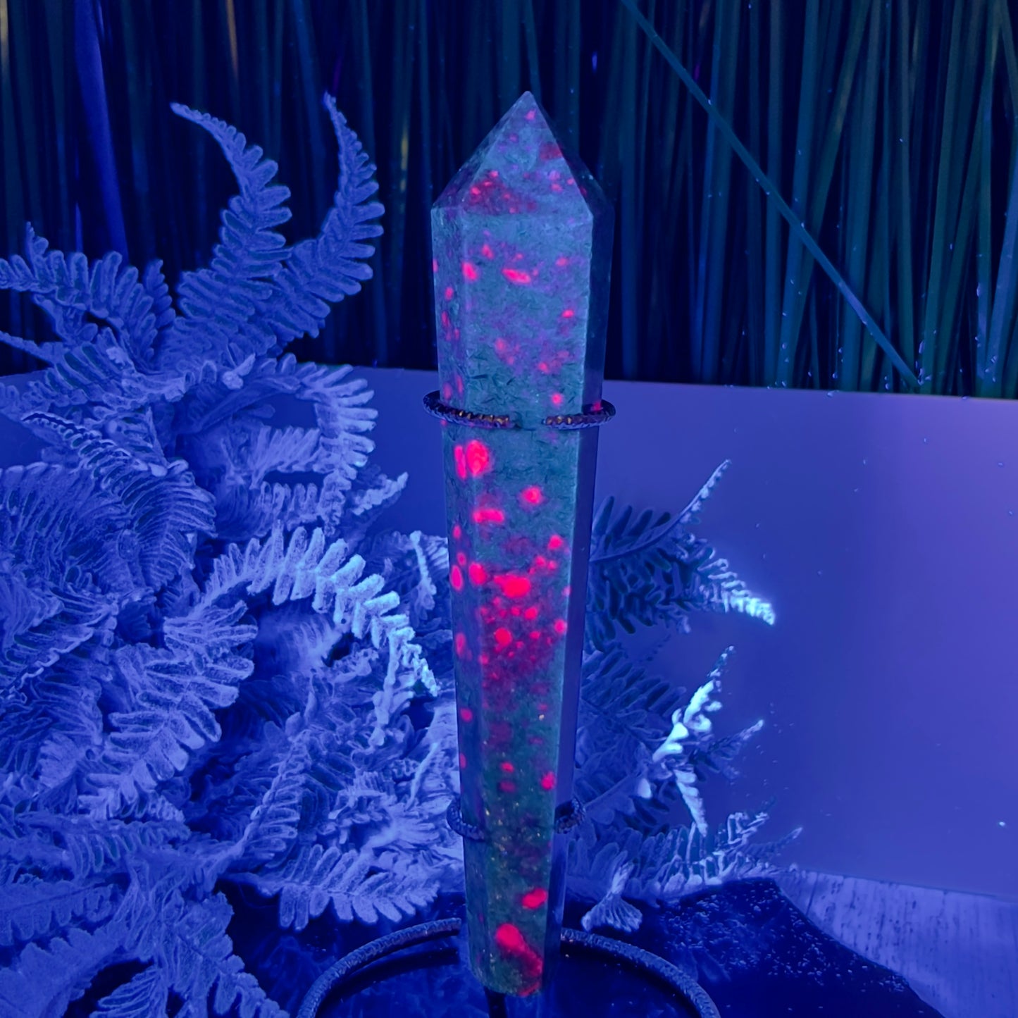 Ruby in Fuchsite UV Reactive Crystal Wand in Stand Generator 246g 171mm