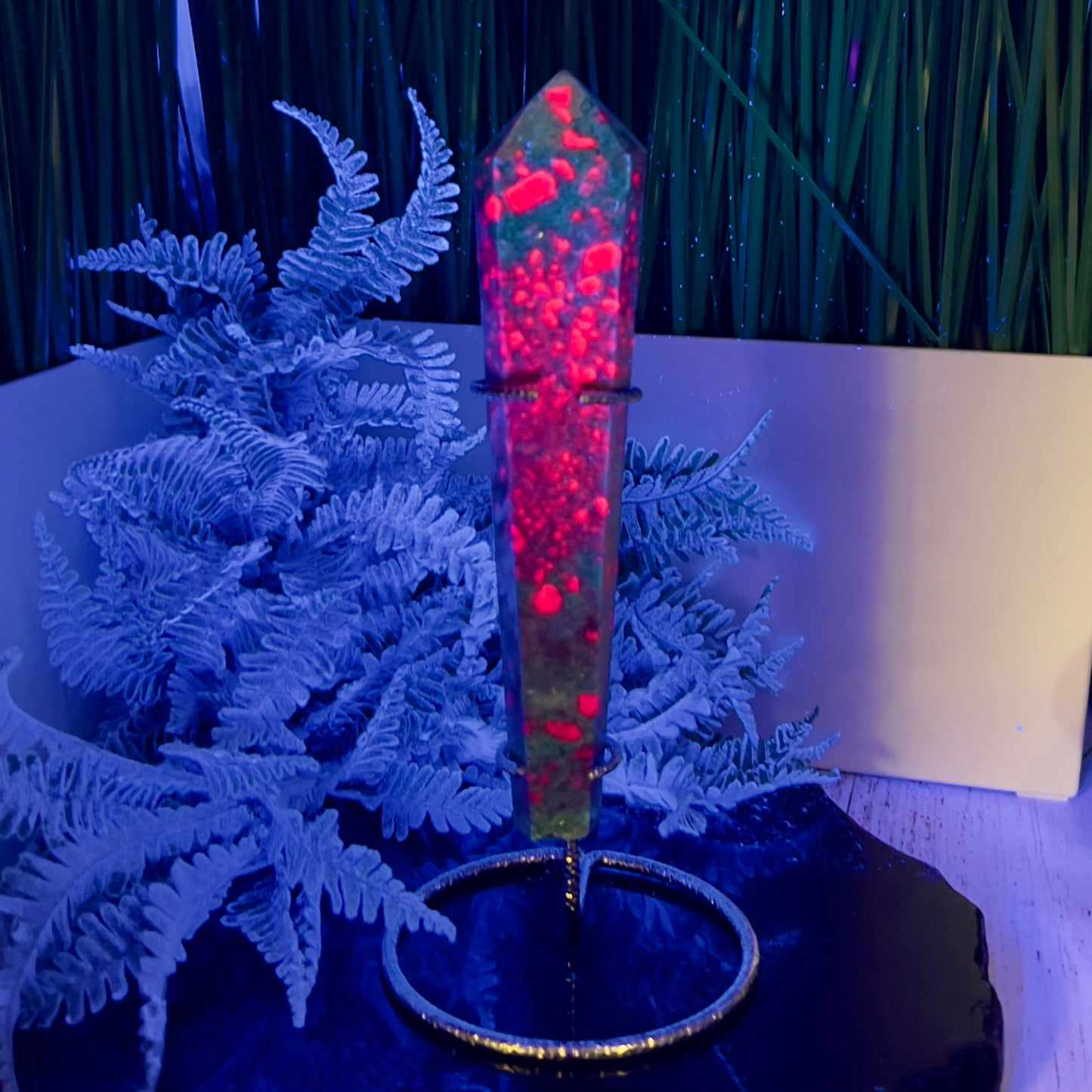 Ruby in Fuchsite UV Reactive Crystal Wand in Stand Generator 264g 165mm