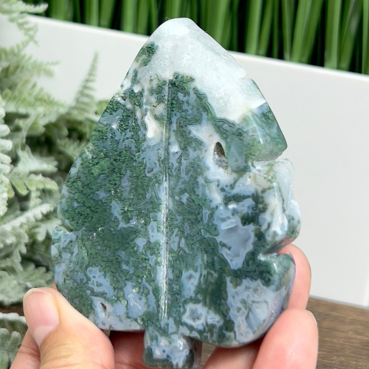 Moss Agate Leaf Healing Crystal Plant Carving 124g