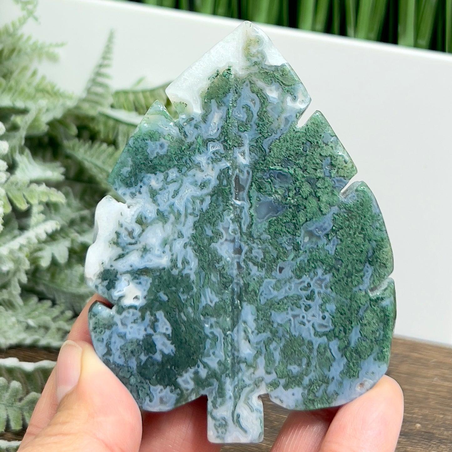 Moss Agate Leaf Healing Crystal Plant Carving 124g