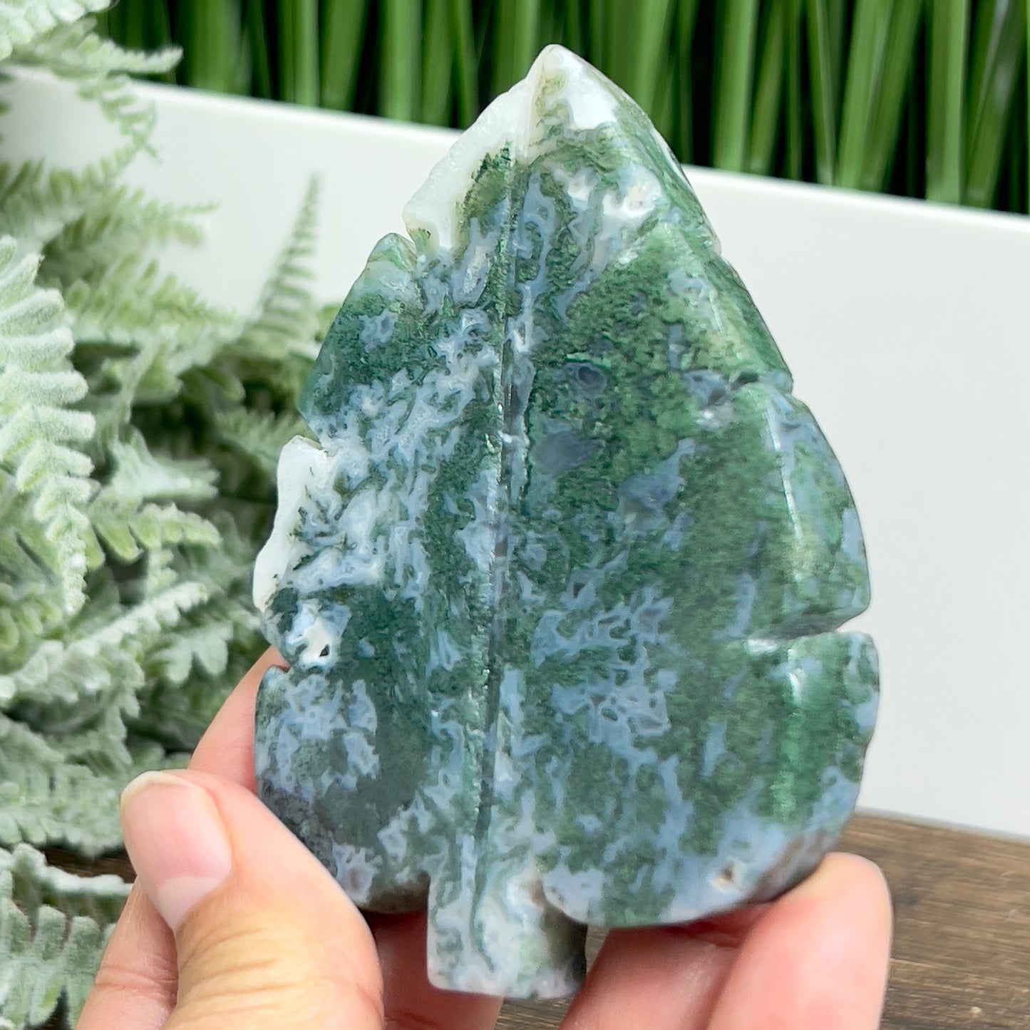 Moss Agate Leaf Healing Crystal Plant Carving 124g