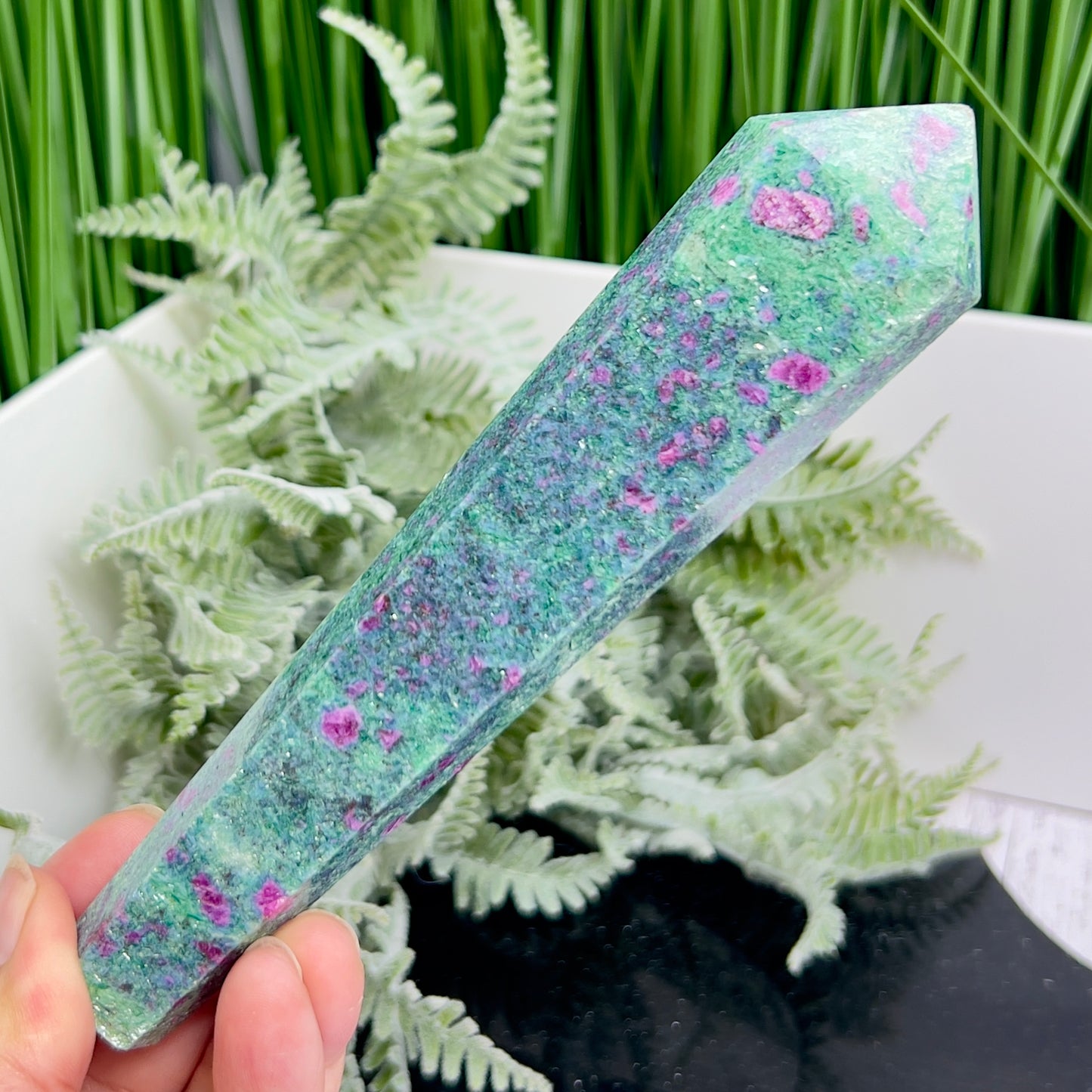 Ruby in Fuchsite UV Reactive Crystal Wand in Stand Generator 264g 165mm