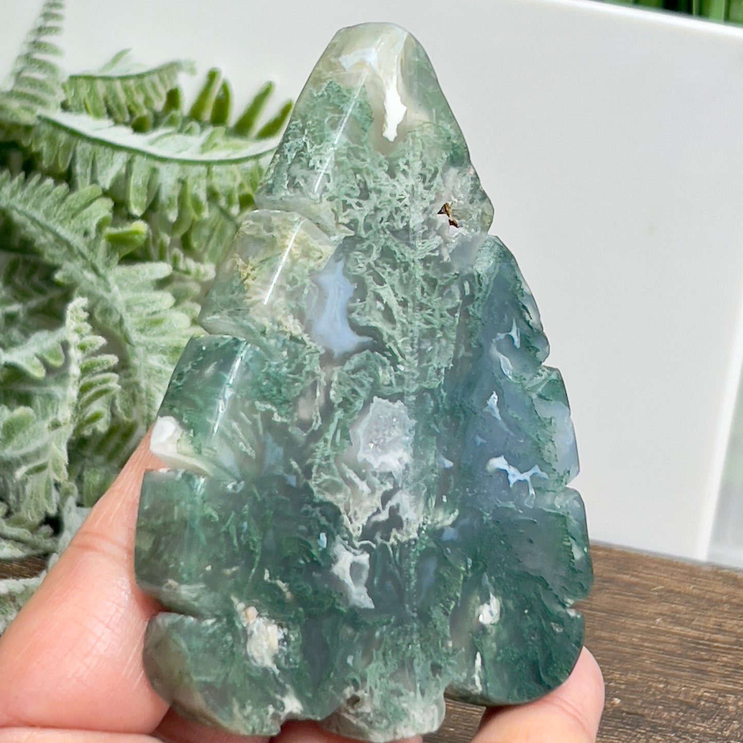 Moss Agate Leaf Healing Crystal Plant Carving 136g