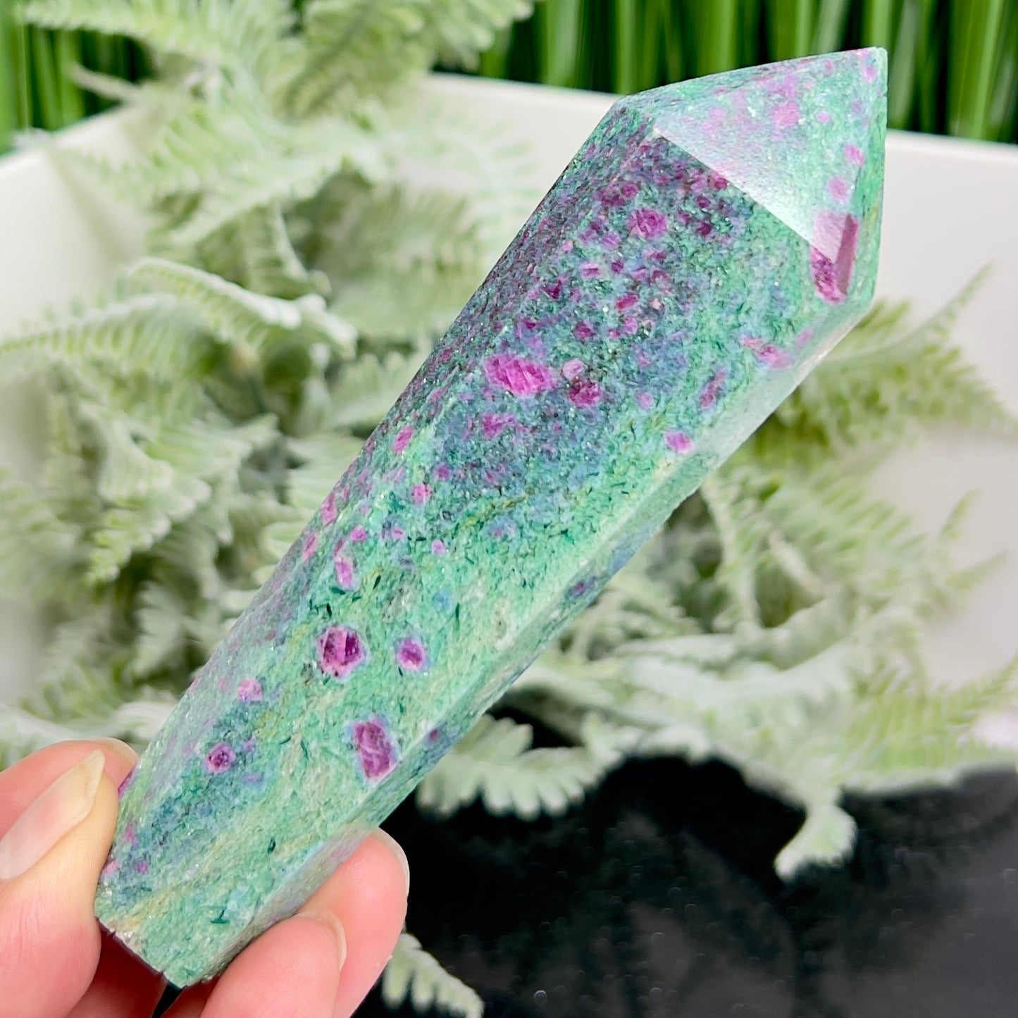 Ruby in Fuchsite UV Reactive Crystal Wand in Stand Generator 184g 121mm