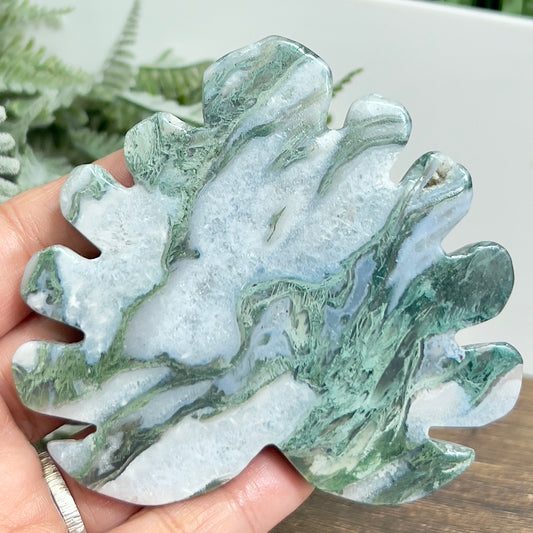 Moss Agate Leaf with Stand Healing Crystal Plant Carving 124g