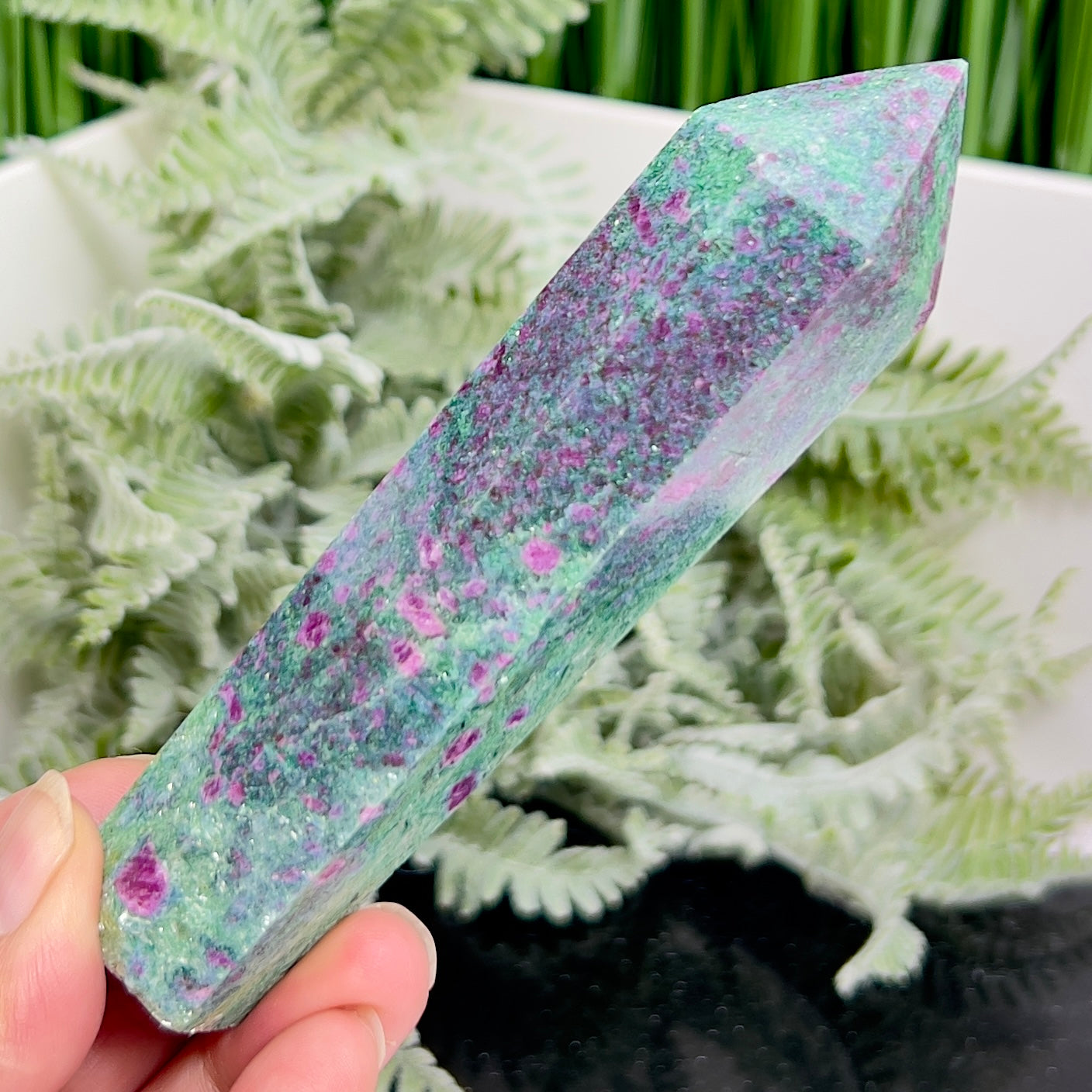 Ruby in Fuchsite UV Reactive Crystal Wand in Stand Generator 184g 121mm